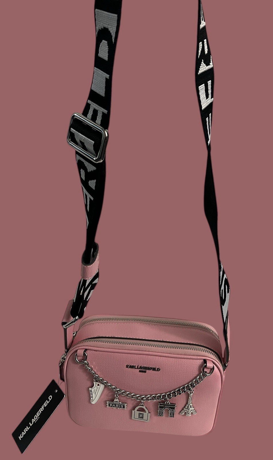 KARL LAGERFELD PARIS Crossbody Blush Bag With Paris Pendant Chain In Front