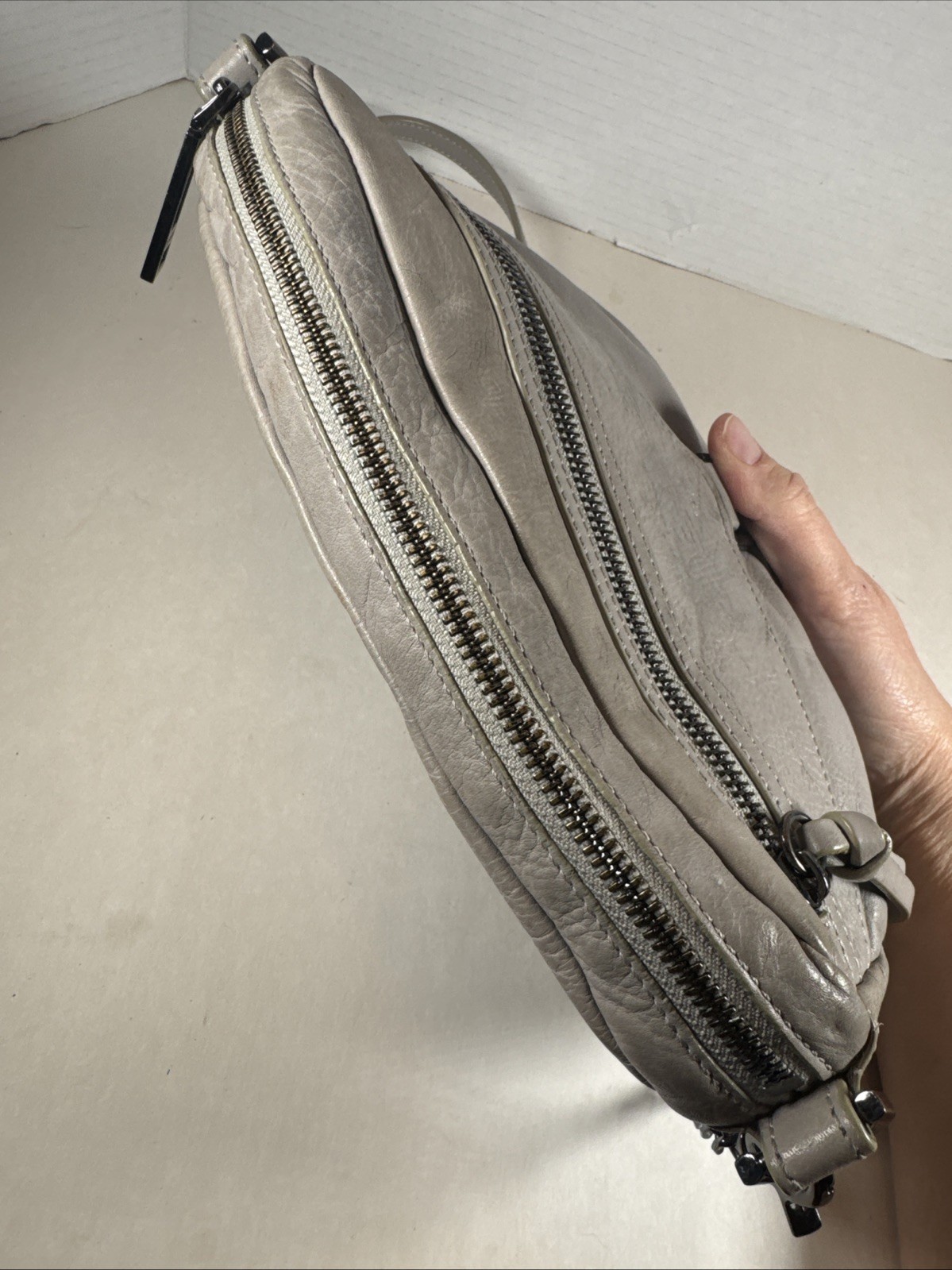Botkier Brand Trigger Distressed Gray Leather Studded Zip Crossbody Detach Strap