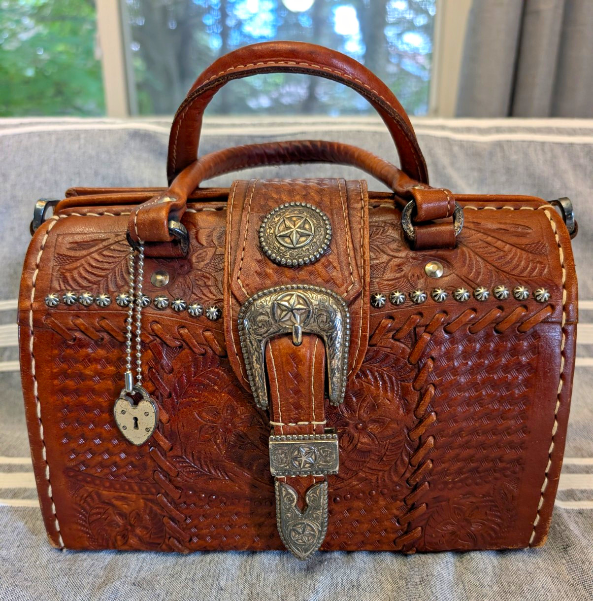 American West Brown Tooled Leather Satchel Doctor Style Silver Studs