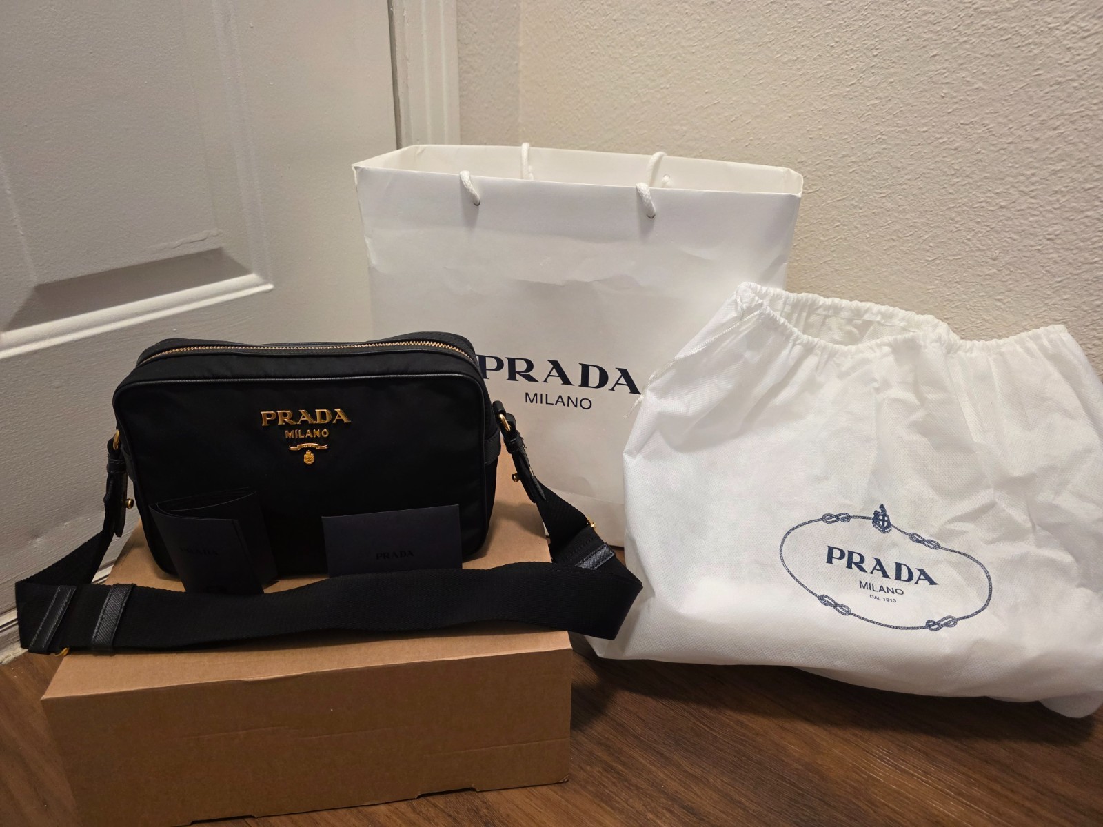 Authentic Prada Tessuto Saffiano Black Nylon Camera Bag Gold Hardware + Receipt