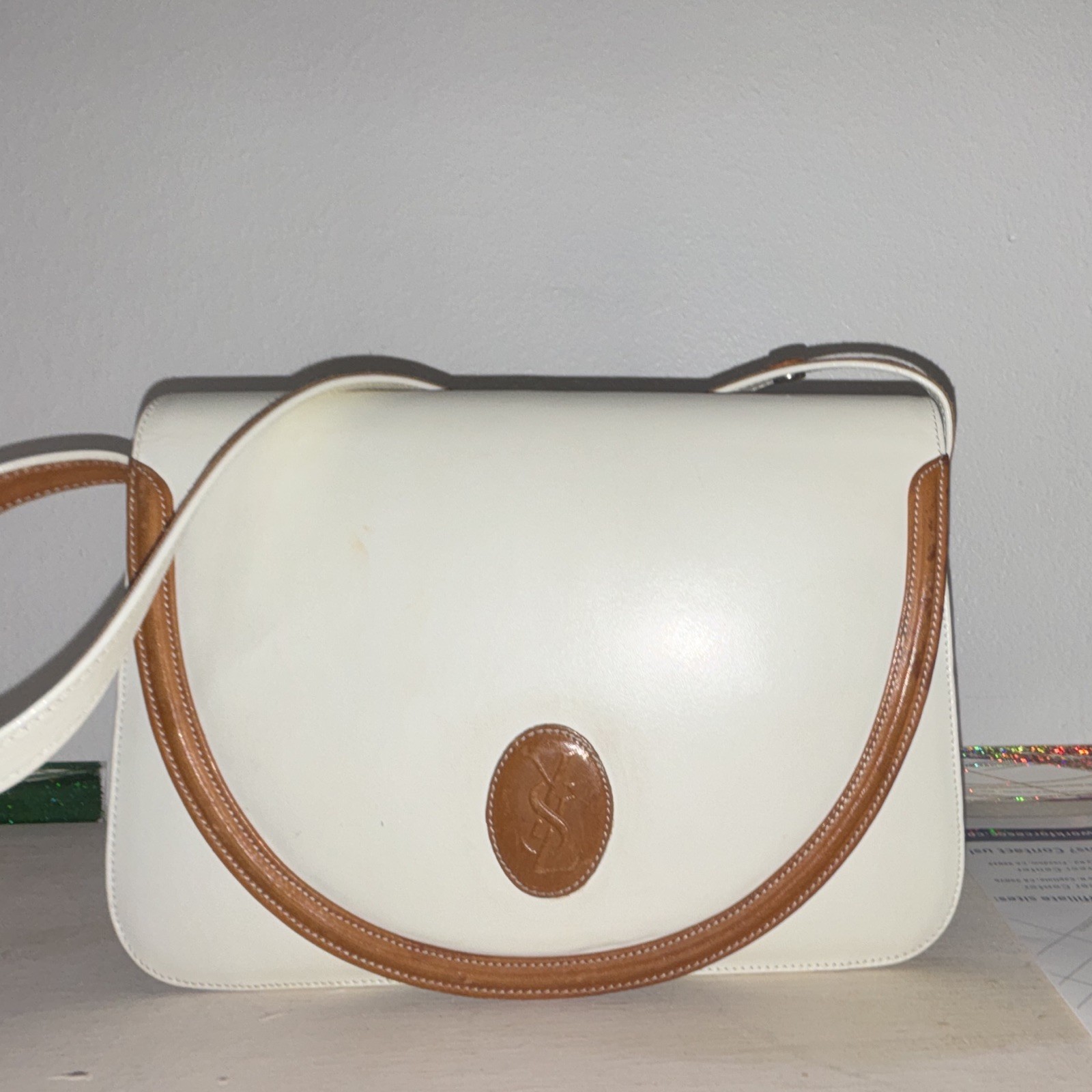 Yves Saint Laurent White/Brown Flap Shoulder Bag Small Logo Silver Hardware