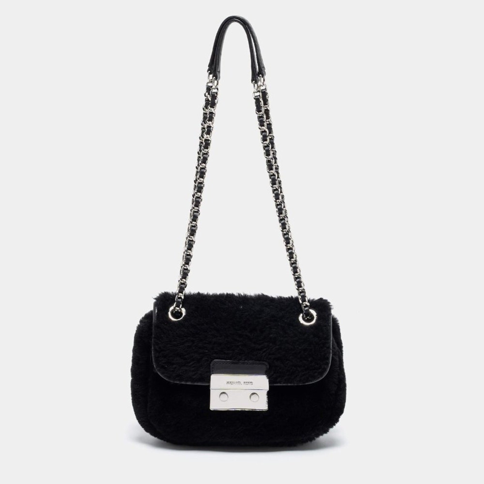 MICHAEL KORS Black Sloan Convertible Shearling & Leather Trim Chain Shoulder Bag