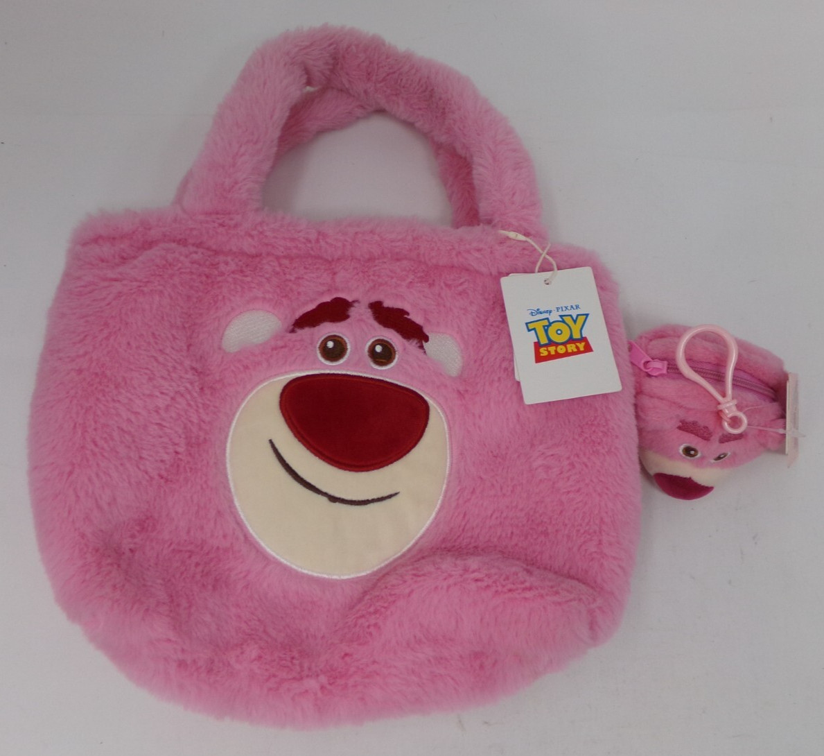NWT-Disney Toy Story Miniso Lotso Plush Handbag/Tote Bag & Zipper Coin Clip On