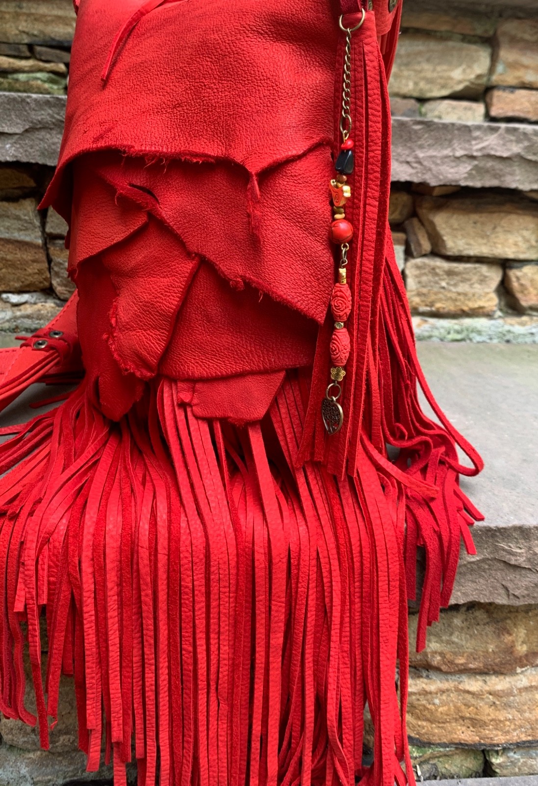 Soft RED Deerskin, beads, BOHO long fringe crossbody bag USA!