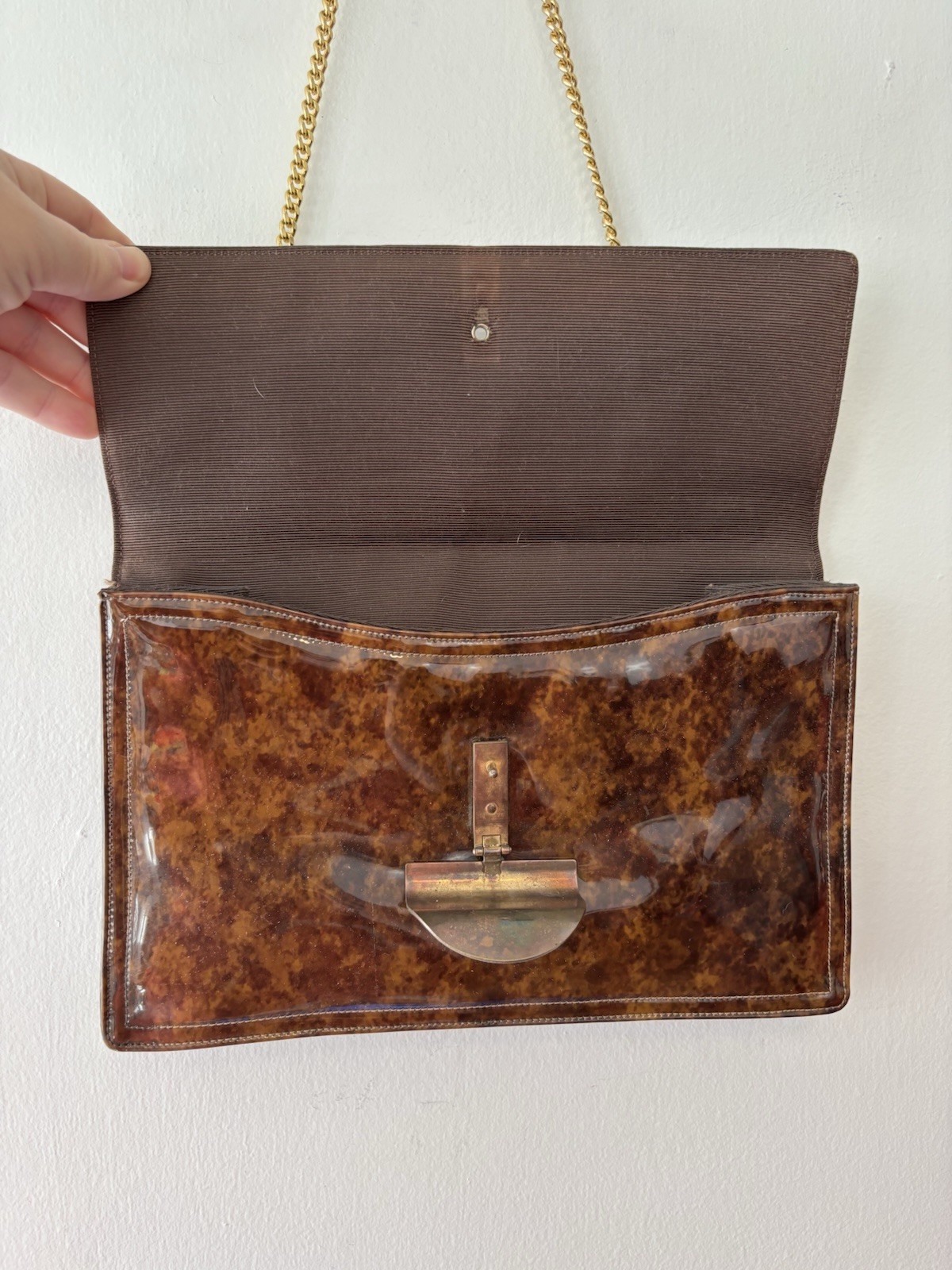 Morris Moskowitz Shoulder Bag Brown Patent Gold Chain Flip Close Latch