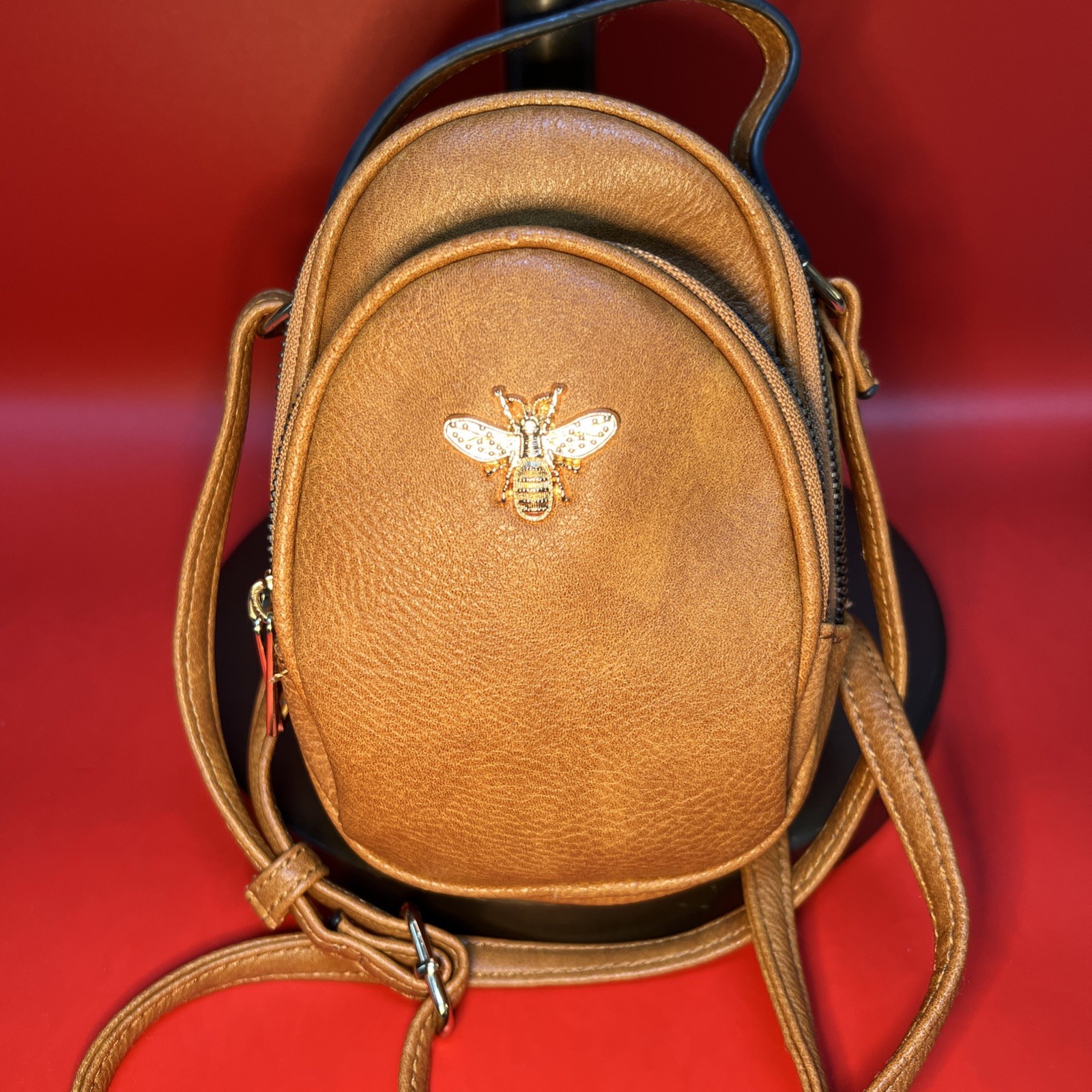 NEW EMPERIA BEE BROWN TAN LUGGAGE COGNAC PVC FAUX LEATHER MINI BACKPACK BAG