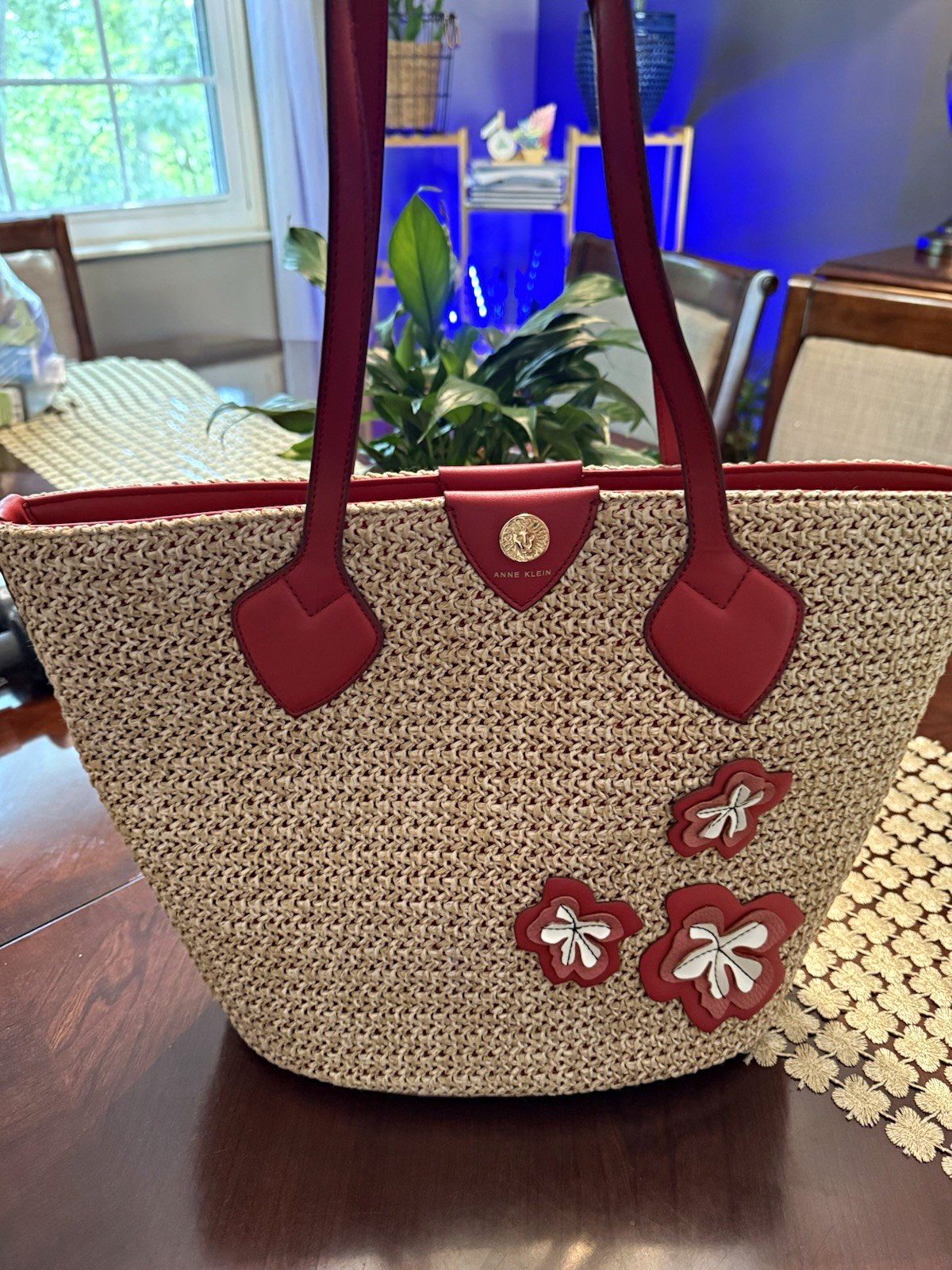 Anne Klein Women’s Tote Beige/Red Floral Applique Double Handles Lined Pockets