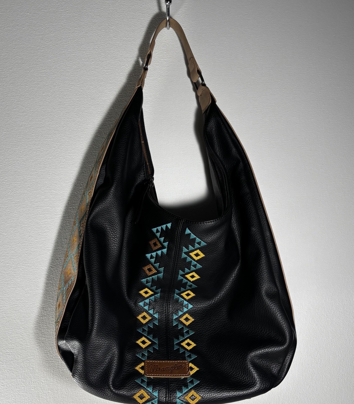 Wrangler Aztec Embroidered Large Hobo Bag Black Leather