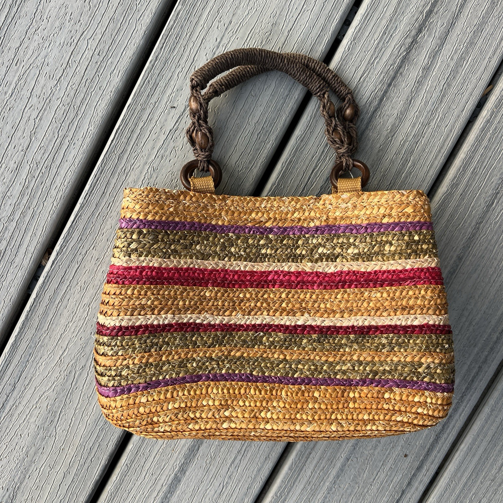 Croft & Barrow Striped Woven Straw Handbag Purse Boho Macrame Beach Vacation Tan