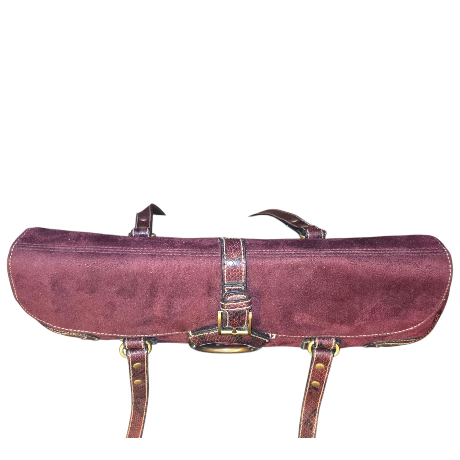 Bisou Bisou Y2K VTG Shoulder Bag Med Maroon Snakeskin Trim Faux Suede Baguette