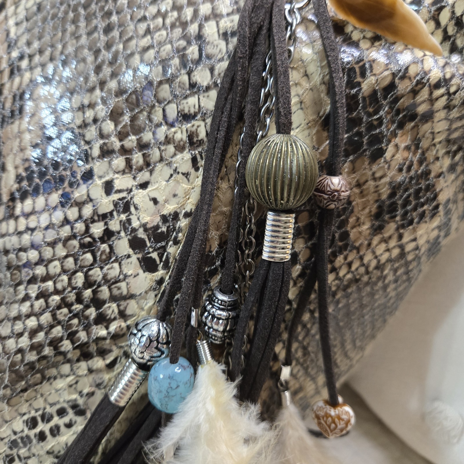 Gorgeous DOUBLE D RANCH Faux Snakeskin Studded Boho Handbag Tassle Beaded Clip