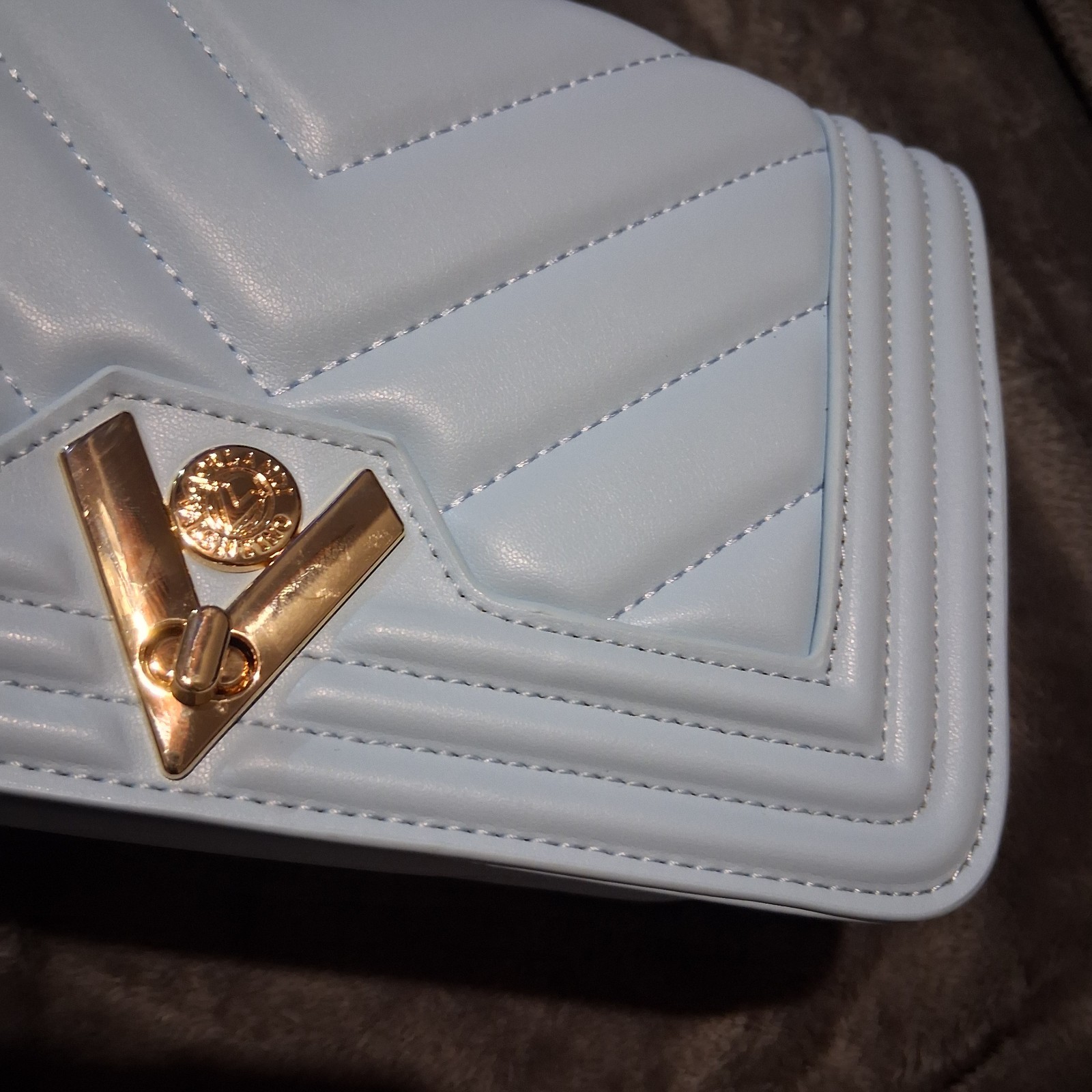 Valentino Orlandi Quilted Crossbody Shoulder Bag Baby Blue Gold Hardware NWT