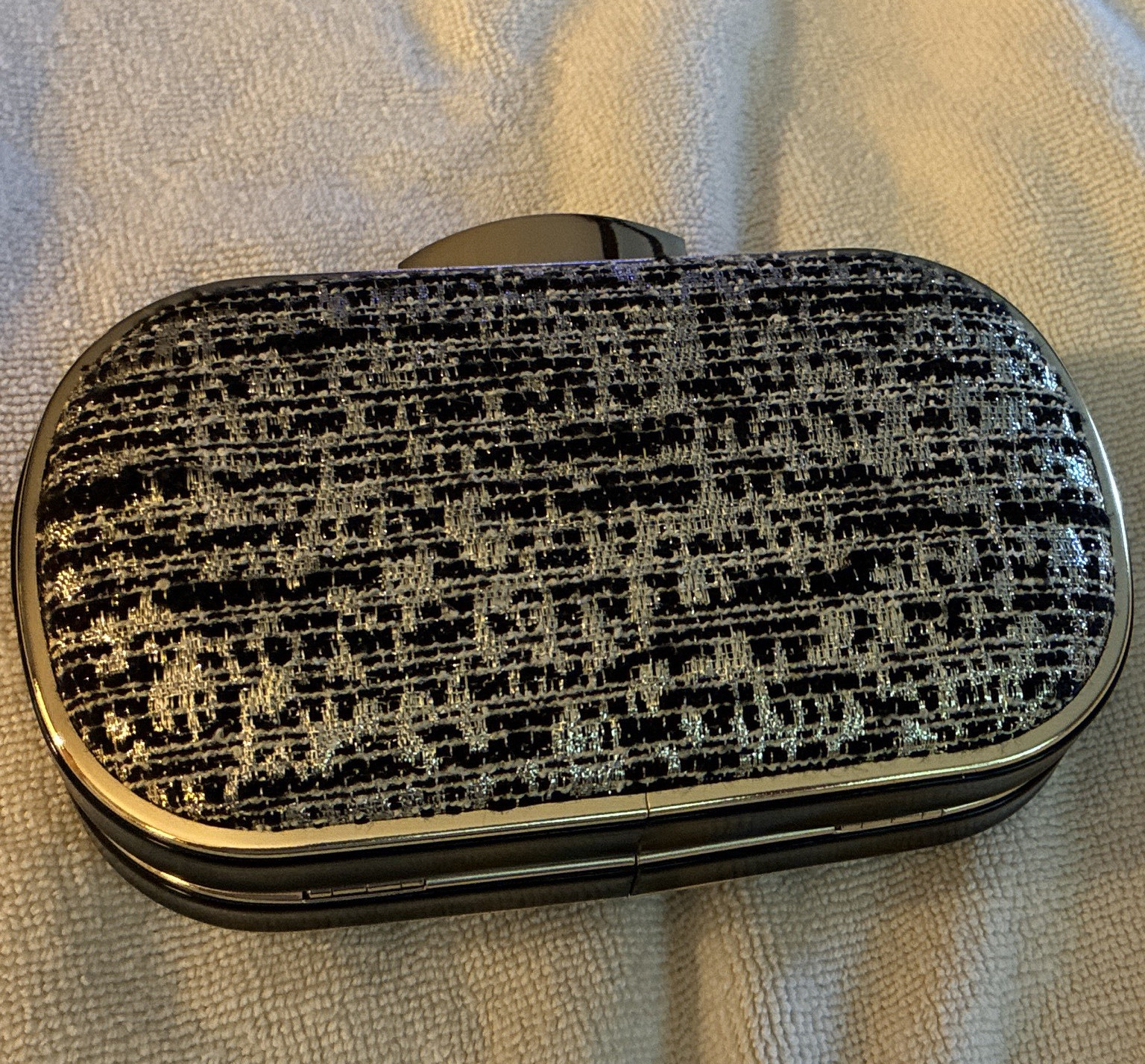 Black & Silver Tweed Fabric Hard clutch with Metal Latch Closure