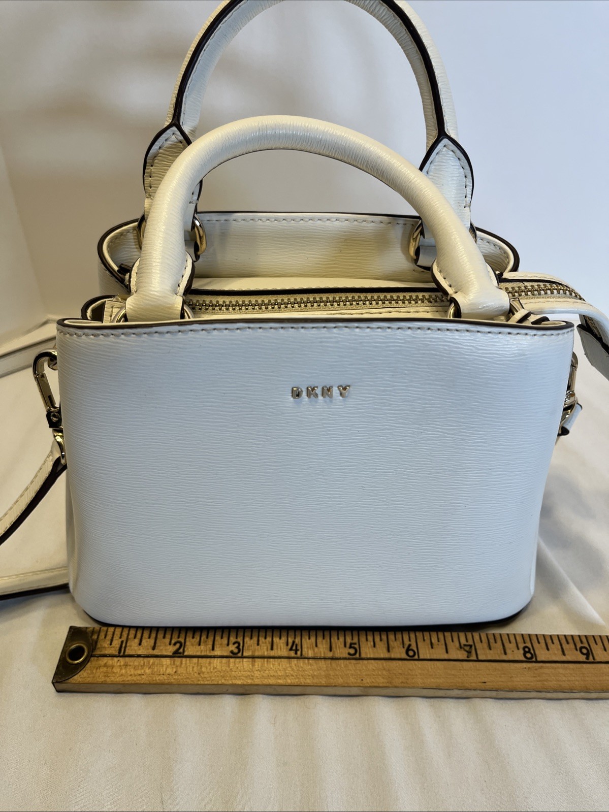 DKNY Ivory Leather Paige Bag Satchel Crossbody Zip Shut 8.5×6 Inch Purse Handbag