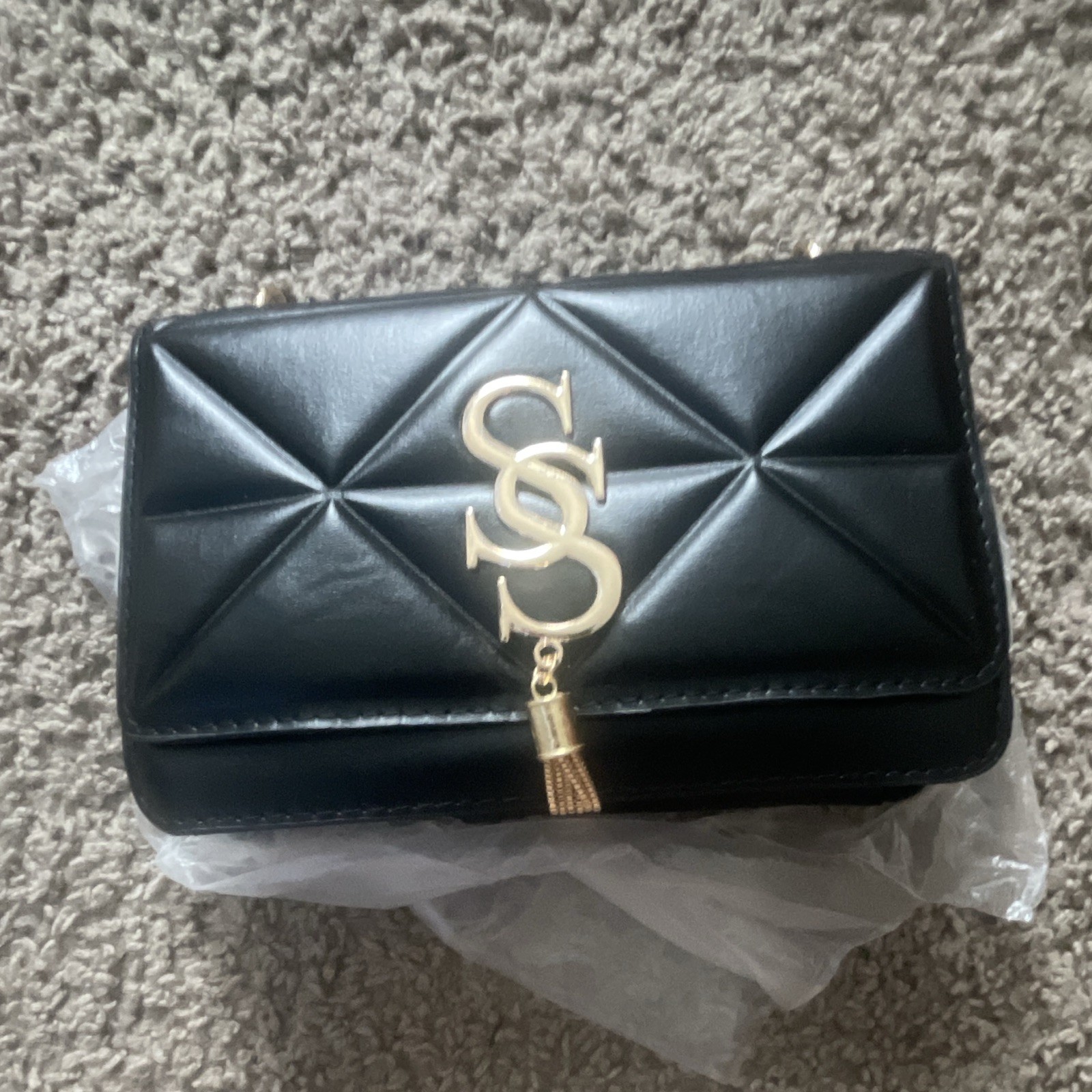 Women’s Black Quilted Crossbody/Shoulder Clutch Gold Chain Tassel Logo Small