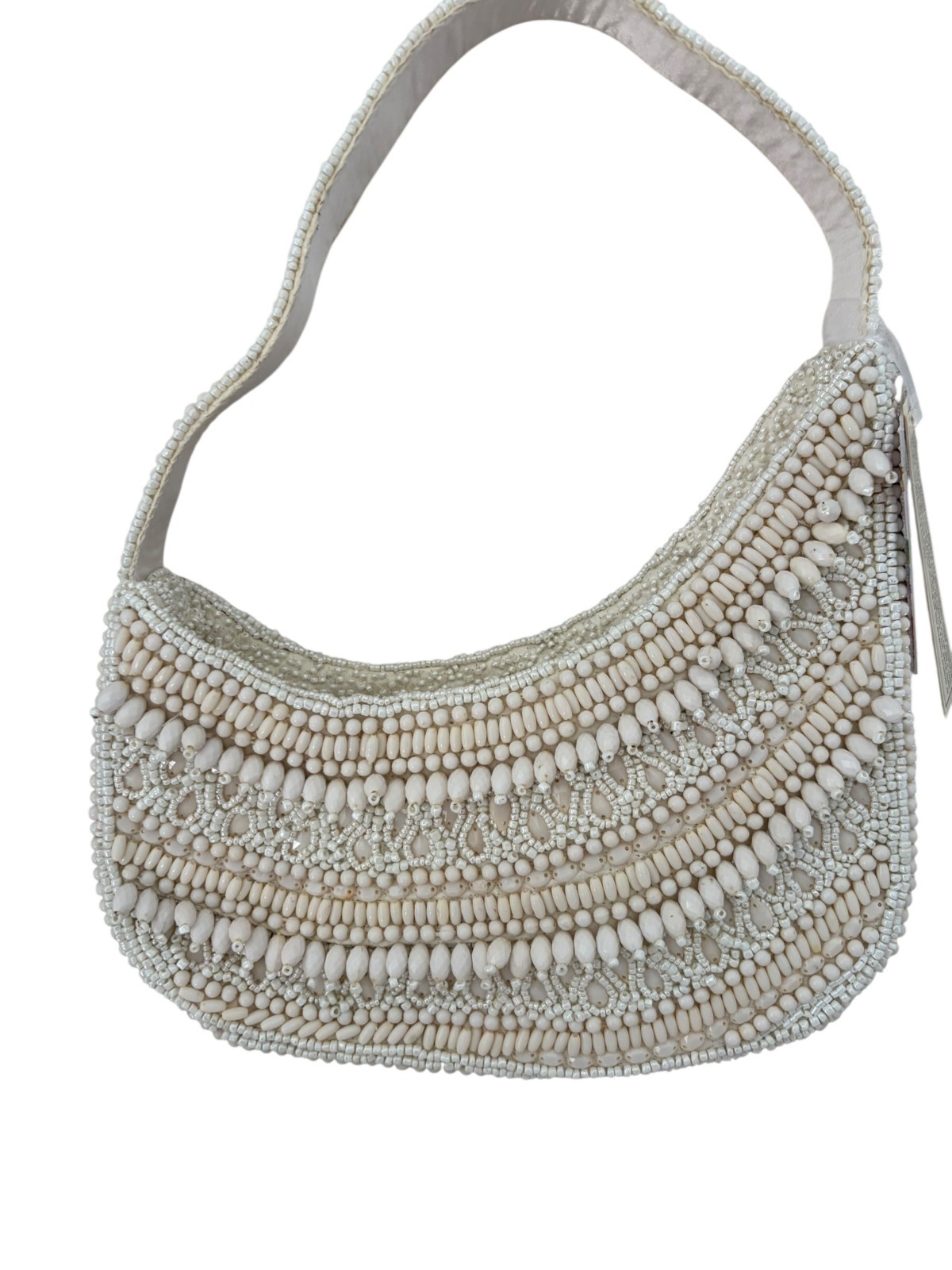 From India to You Moon-Shaped Cream Beaded Shoulder Bag with Elegant Embroidery