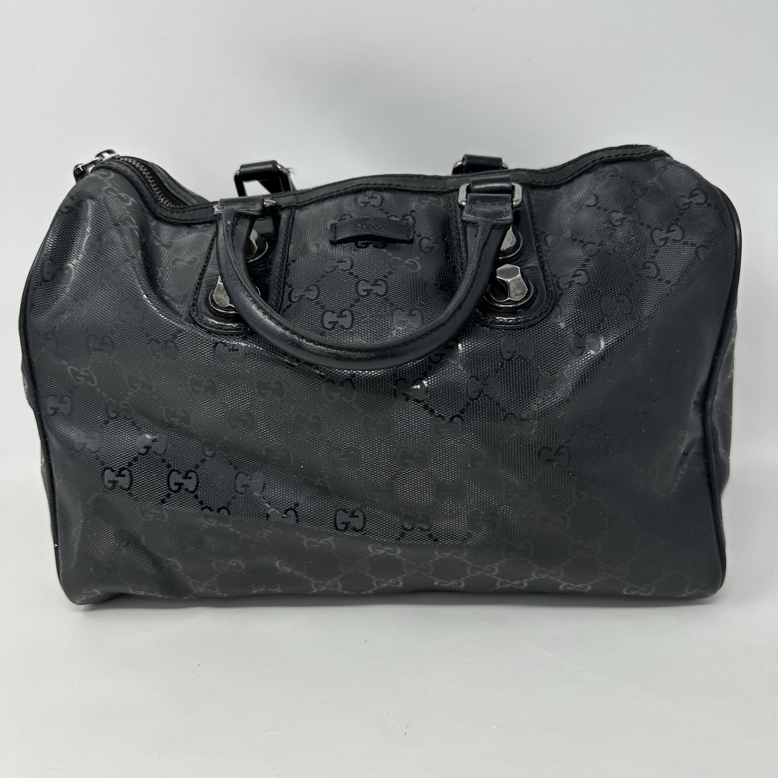 Gucci Joy Boston Bag Black GG Imprime Canvas Leather Satchel Handbag 229853