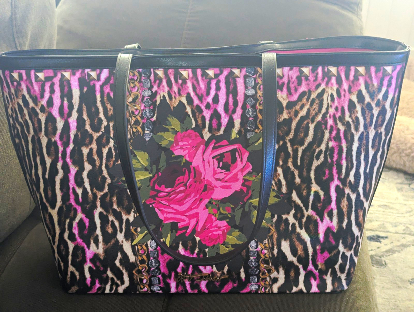 New-Betsey Johnson Leopard Rose Tote Bag Zip & Magnetic Close, Lined, Pockets
