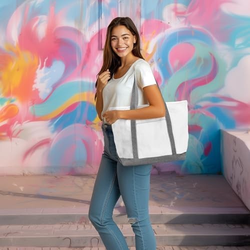 Canvas Shopping Tote Bag 23 Inch 24 oz Cotton Twill Gray Zippered Top Outer