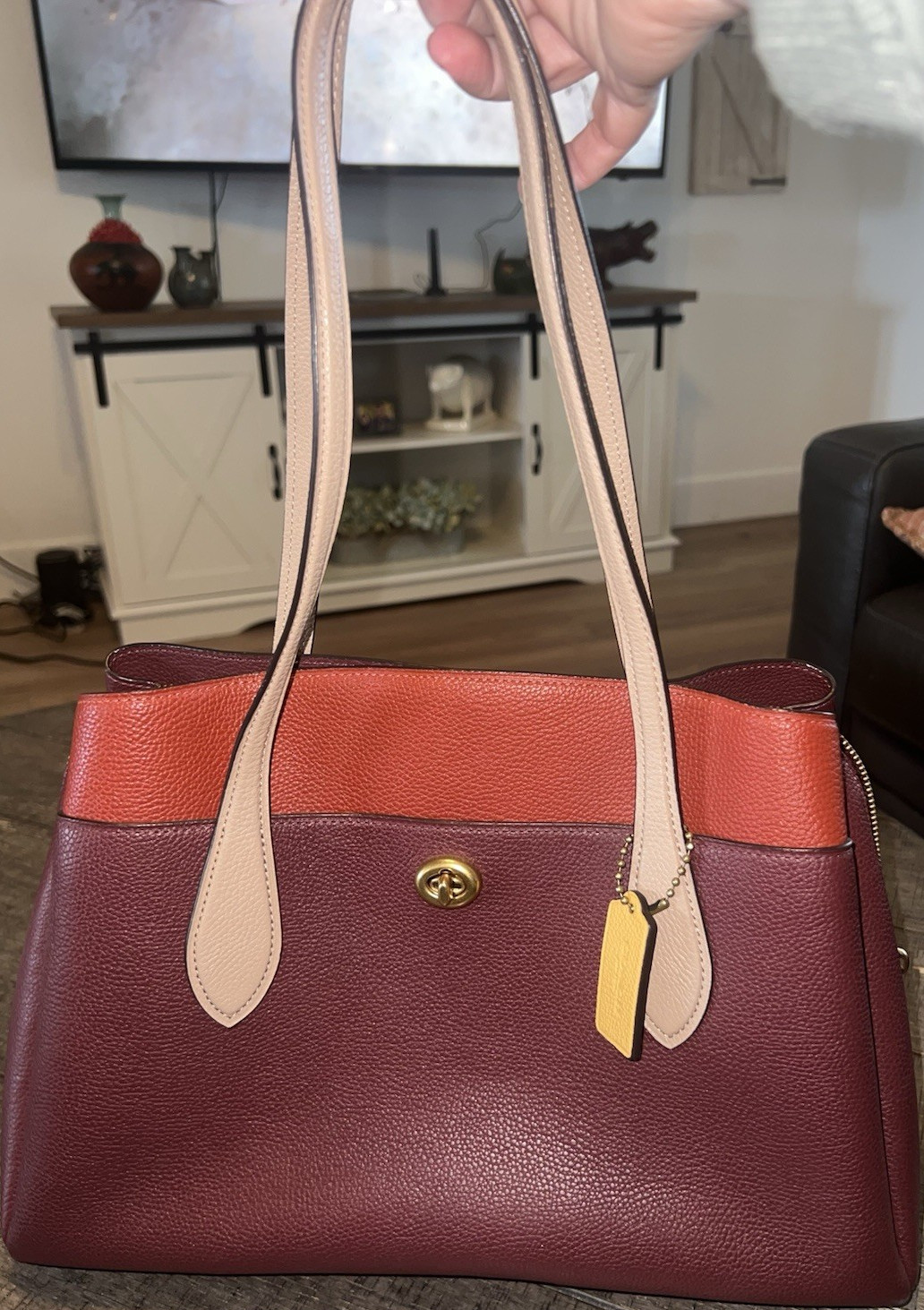 Coach Colorblock Pebbled Shoulder Bag, Burgundy Orange Beige, gorgeous!!