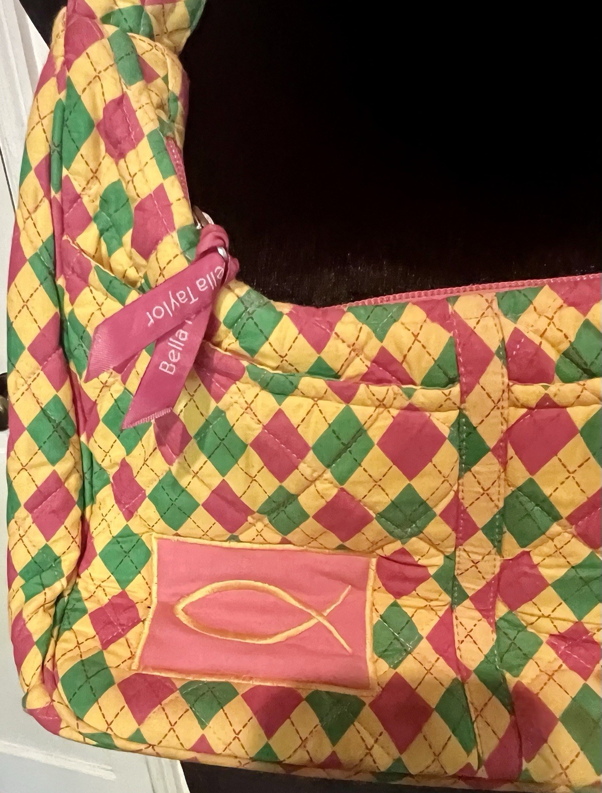 BELLA TAYLOR Bag. Green,yellow, Pink Quilted, Diamond Pattern Shoulder Strap.