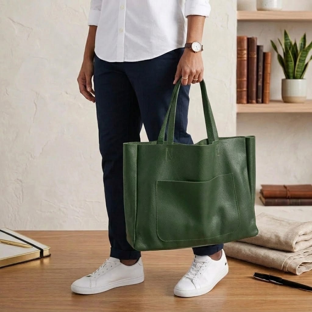 Large Green Leather Tote Bag Women Shoulder Handbag Shopper Laptop Work Travel
