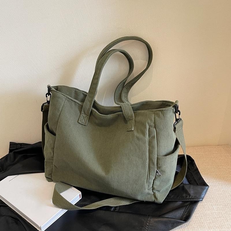 Women’s Corduroy Tote Bag Casual Multi Pocket Handbag Adjustable Crossbody