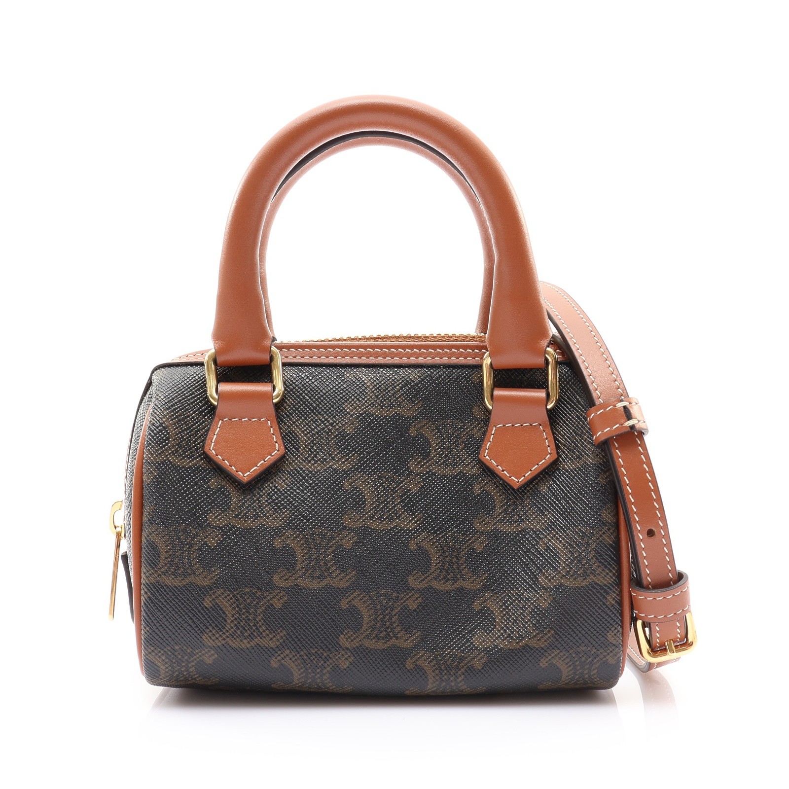 CELINE Mini Boston Shoulder Handbag Triomphe PVC Canvas Brown 10P042EUP