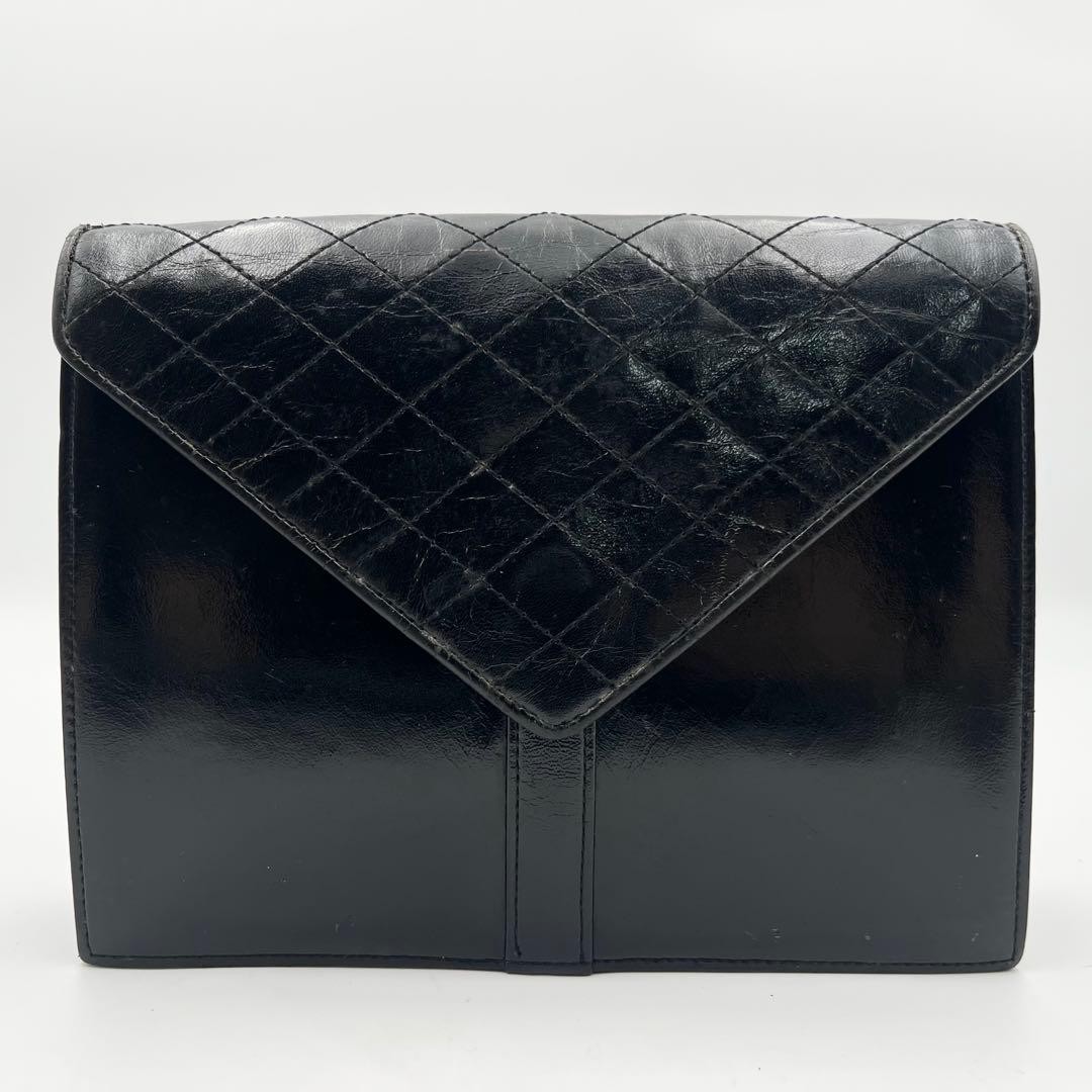 Auth Yves Saint Laurent YSL Vintage Black Leather Quilted Cassandre Clutch Bag