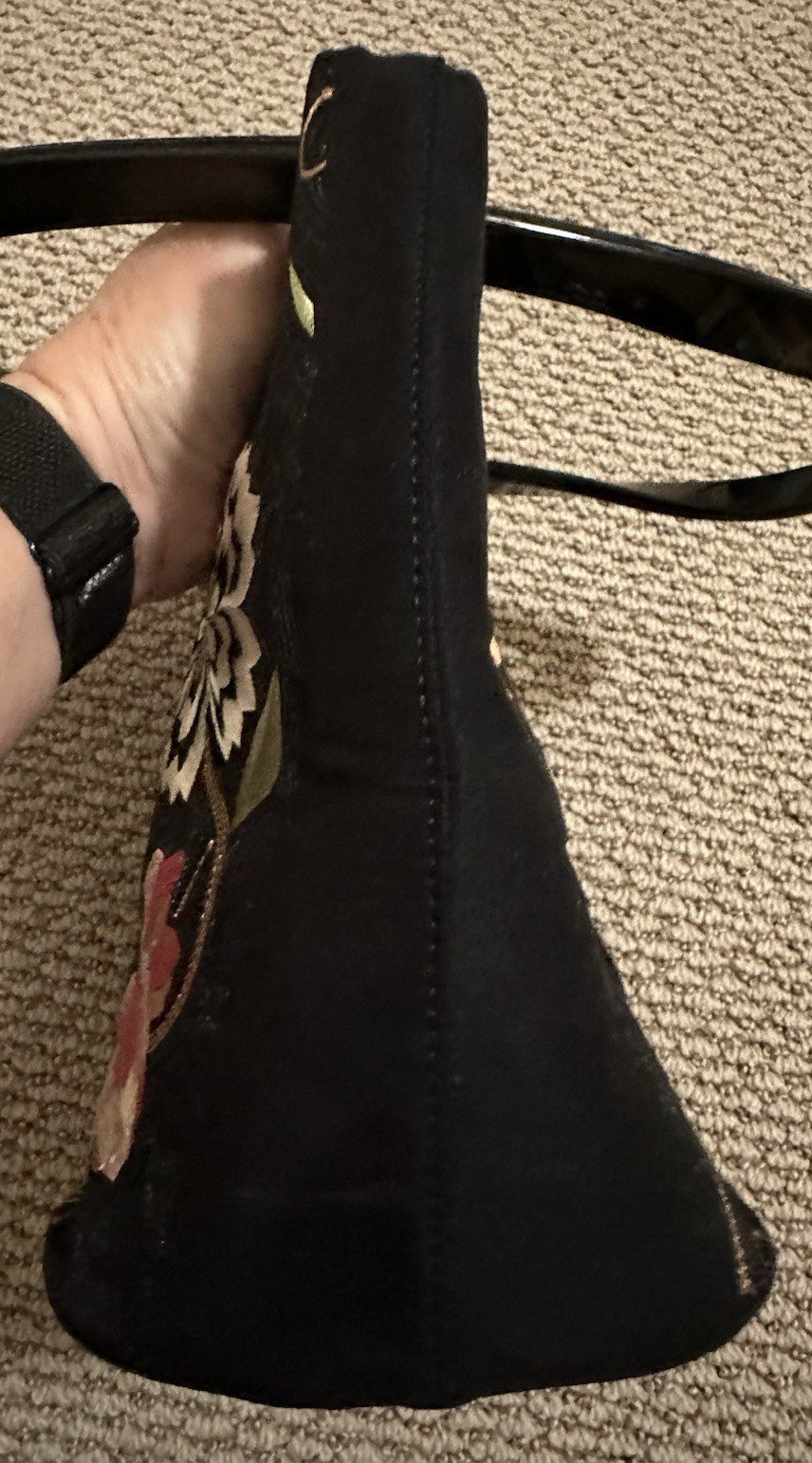 Talbots Floral Embroidered Black Microsuede Handbag, Black Plastic Handles