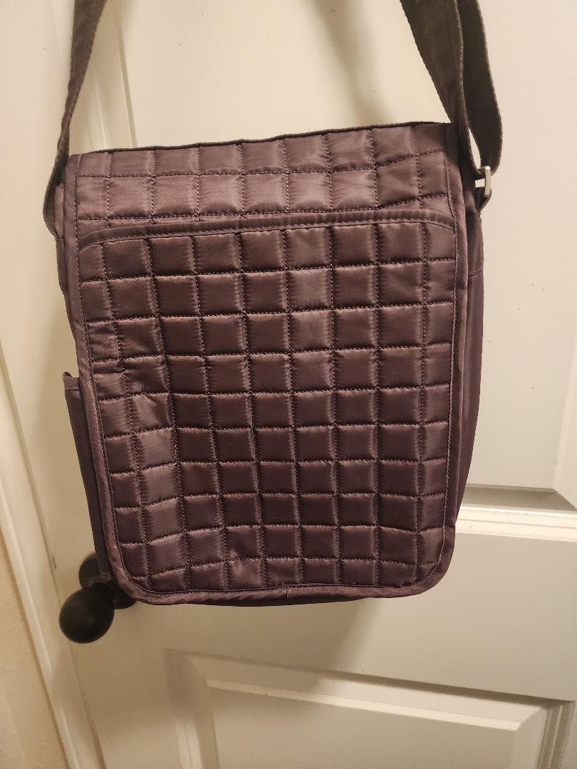 Lug Quilted Brown Crossbody Bag Flap Closure Silver Hardware Brown Lining Strap