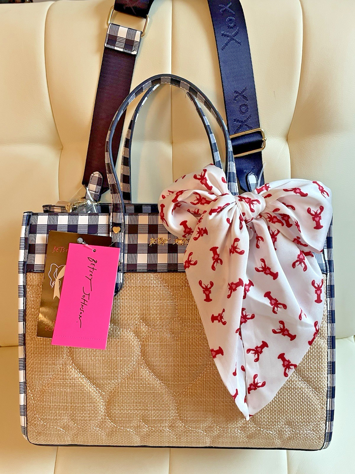 New Pretty Betsey Johnson Navy Blue Gingham Quilted Heart Tote Lobster scarf