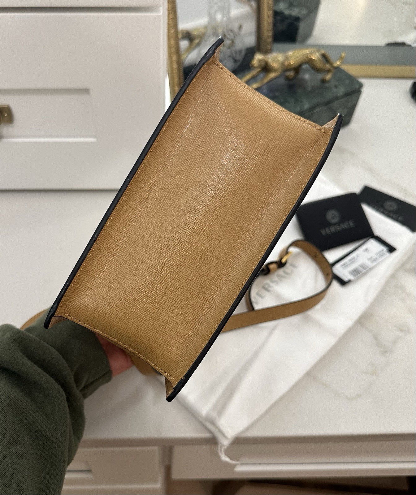 Versace Virtus Top Handle Mini Tote Crossbody Bag Caramel Saffiano Leather