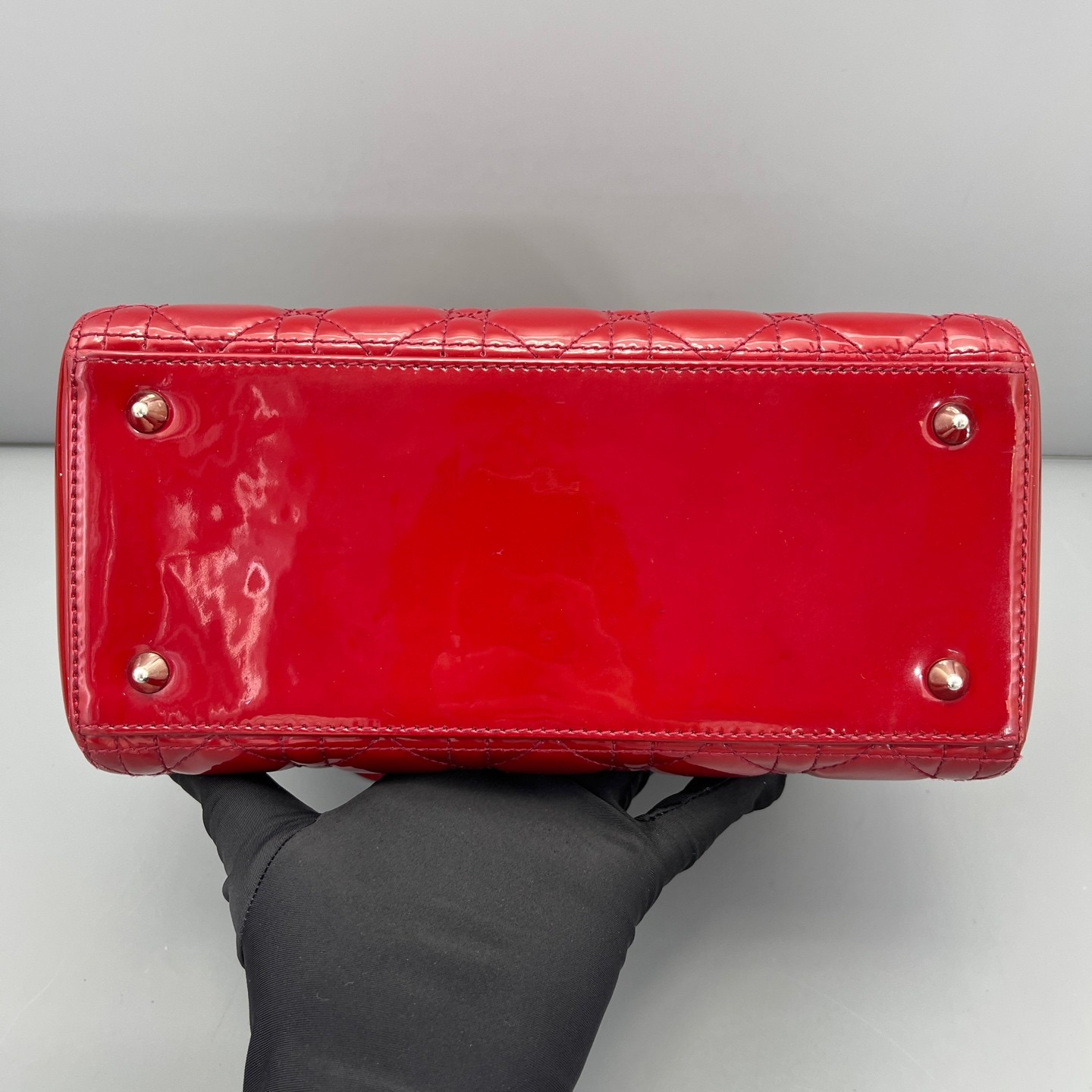 AUTH DIOR Lady Dior Medium Red Patent Leather Top Handle Bag.