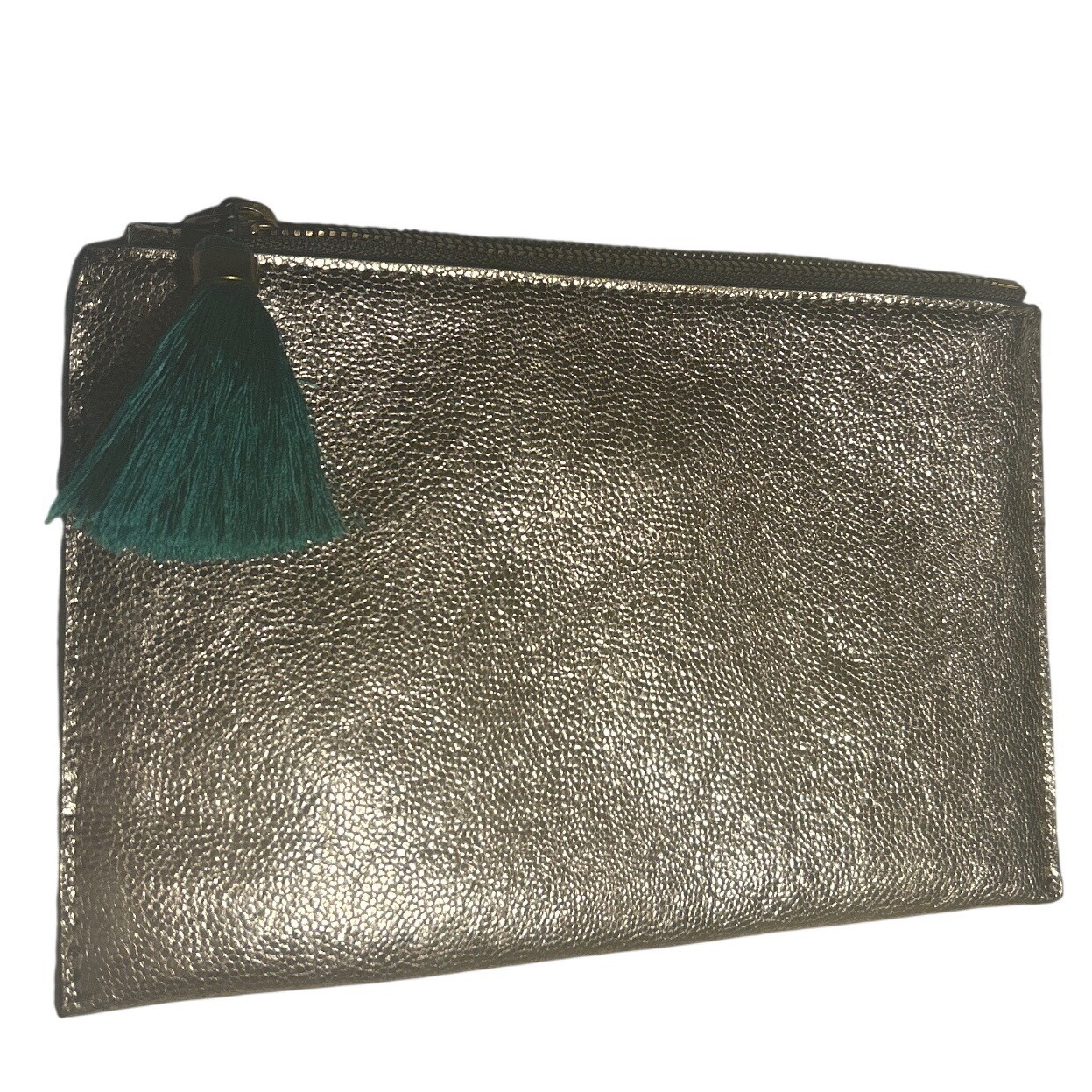 J.Crew Metallic Gold Pebbled Leather Green Tassel Clutch Bag 8.25″ x 5.5″ NWT