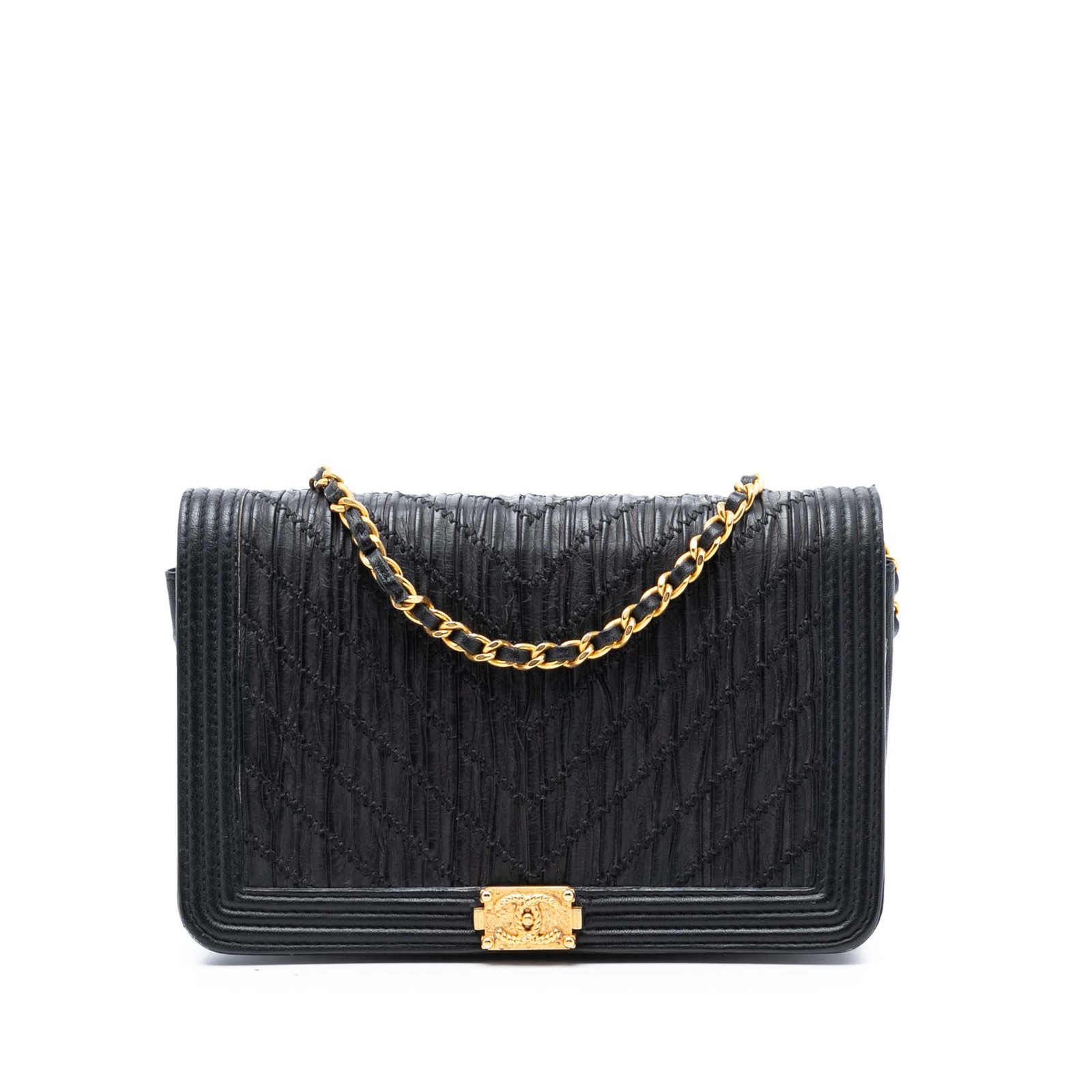 Chanel Pleated Crumpled Chevron Calfskin Le Boy Wallet On Chain Crossbody Bag