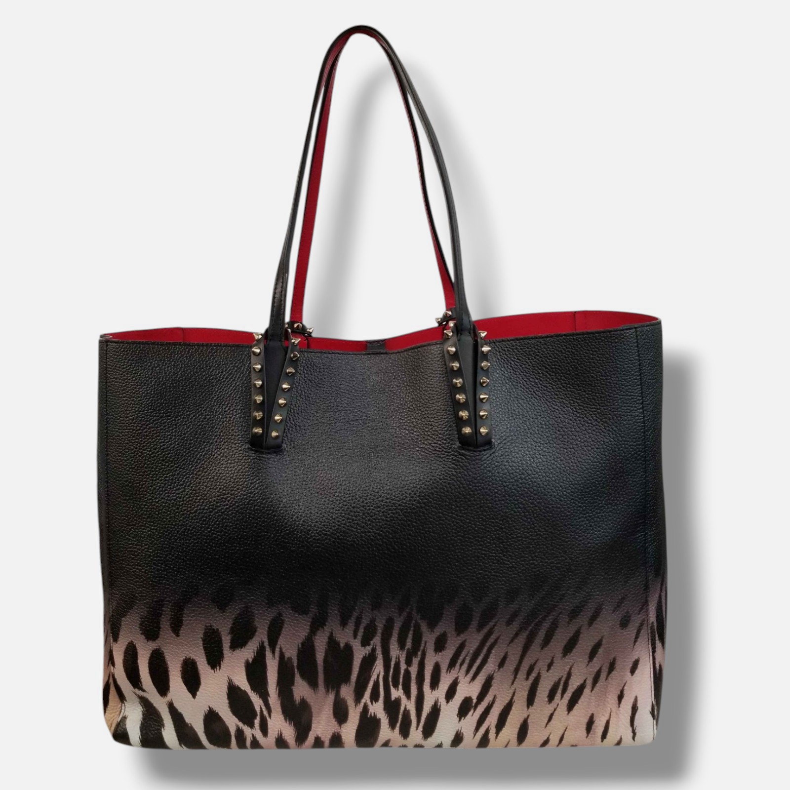 Christian Louboutin Women Black Cabata Leopard Leather Shoulder Large Tote Bag