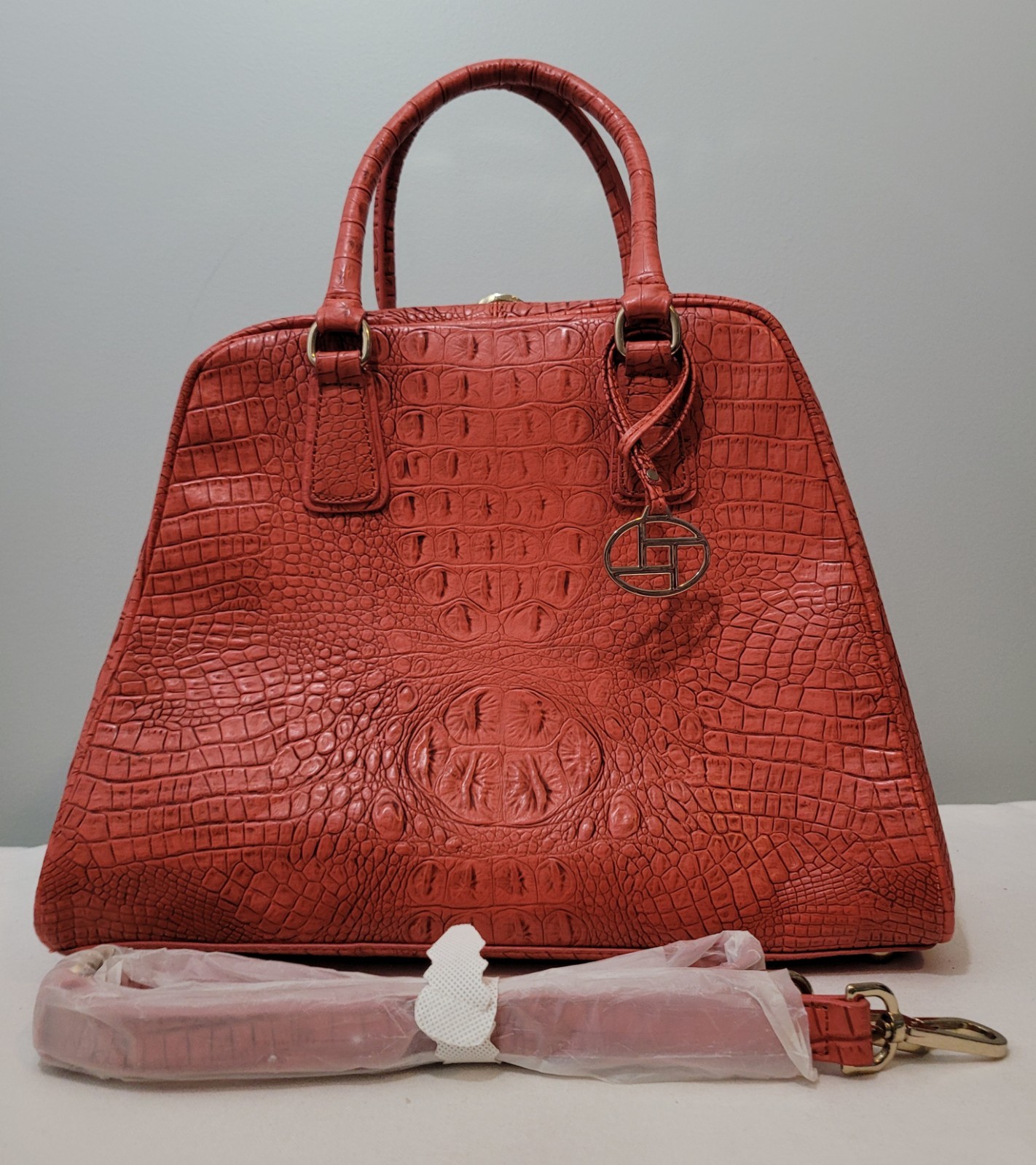Croc Embossed Satchel Crossbody Bag Orange Faux Leather Shoulder Purse