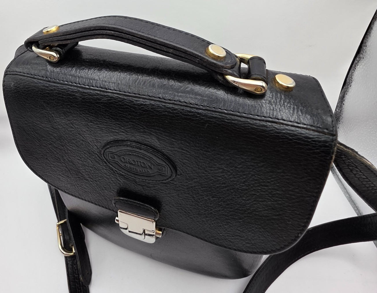 Vintage Oroton Australia Black Leather Crossbody Satchel Bag Silver Hardware