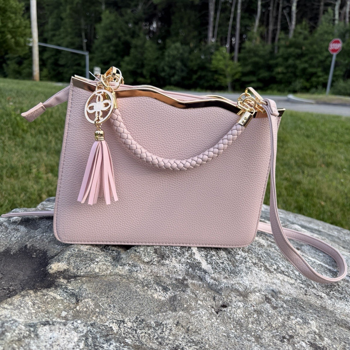 Pink Top Handle Bag Zip, Detachable Crossbody Strap, Tassel