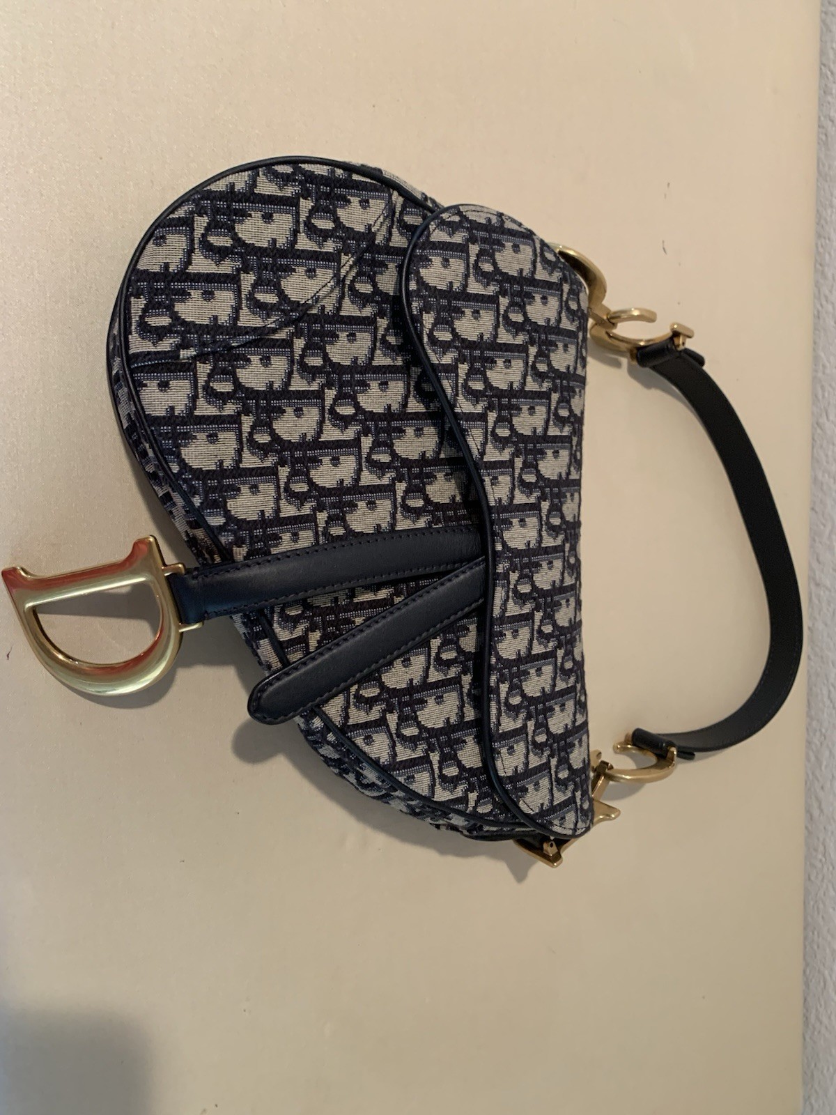 Christian Dior Small Saddle Bag Blue/Beige Monogram Flap Shoulder Strap Gold