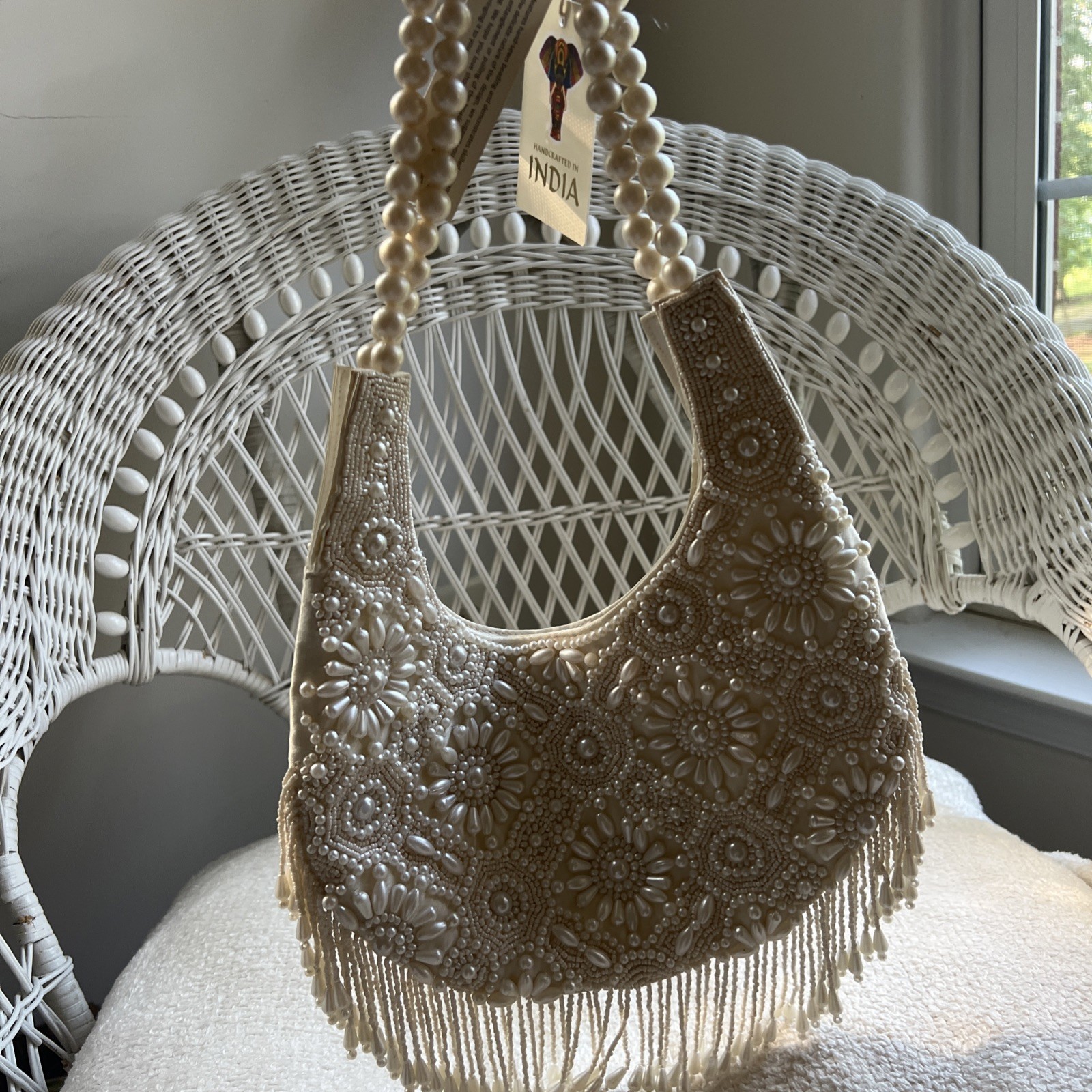Vtg Beaded Pearl Bridal Evening Bag Handcrafted India Clutch Purse Fringe NWT