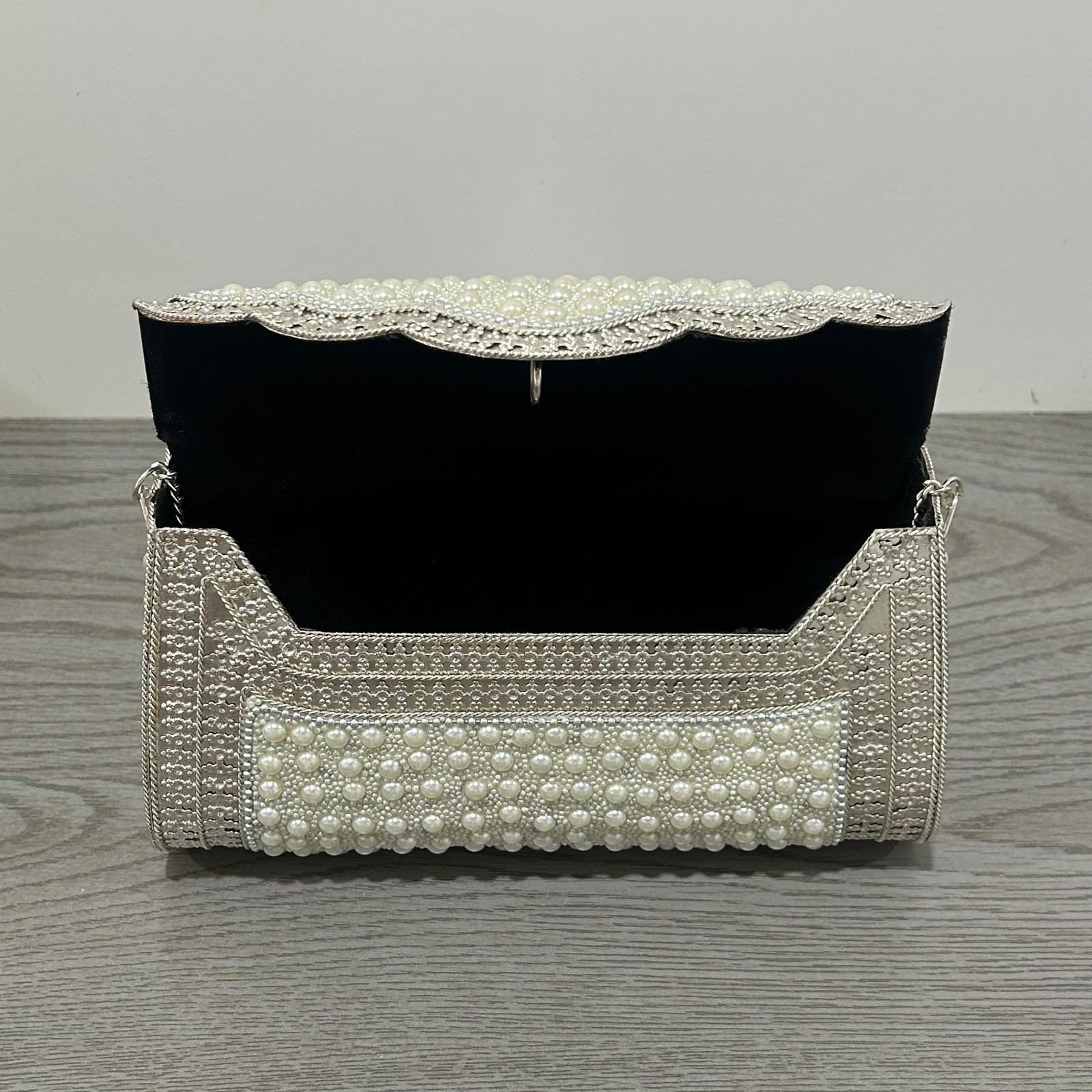 Pearl Embellished Bridal Clutch Purse Women Wedding Evening Bag Silver Handbag
