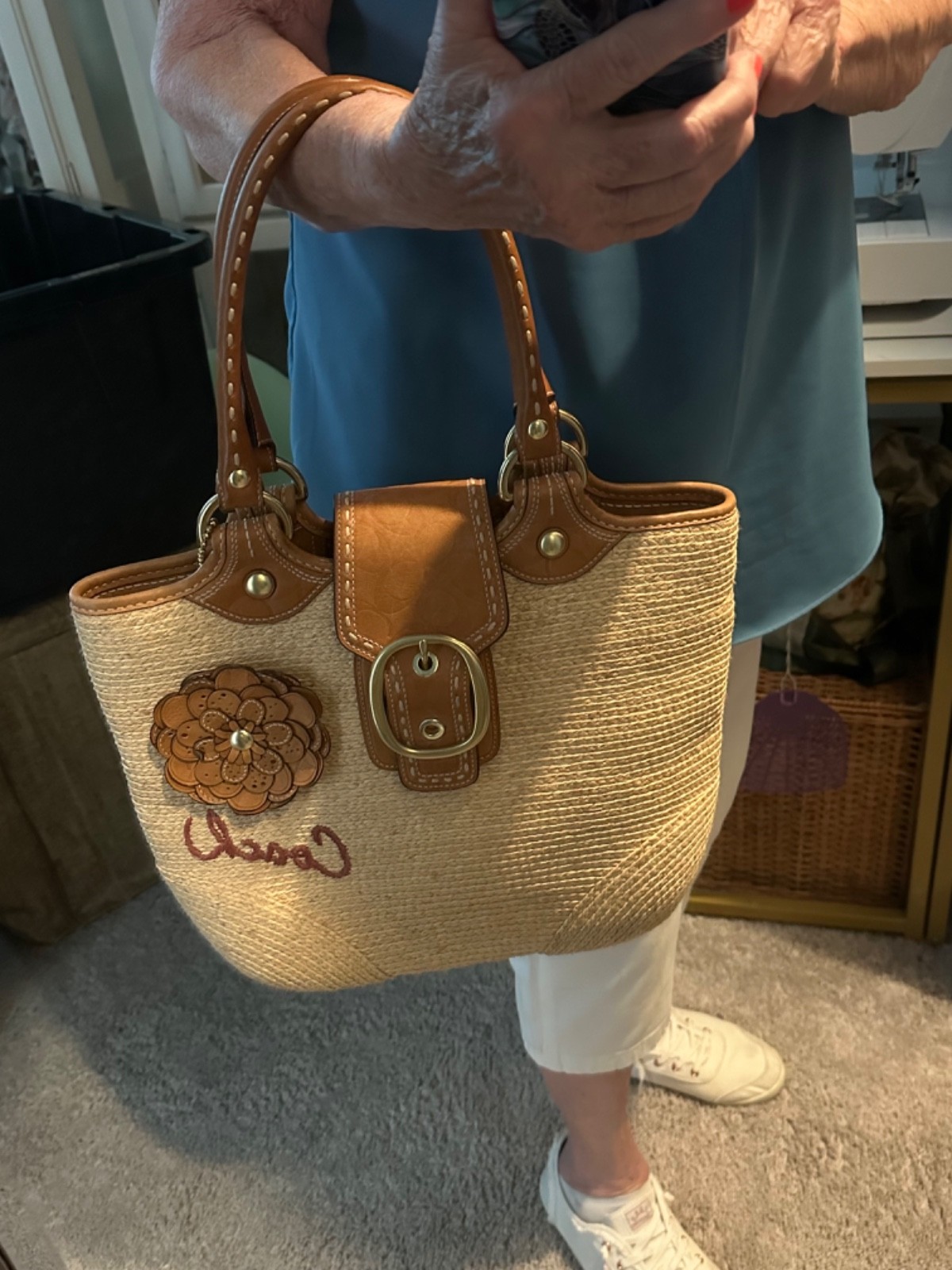 2008 Coach M0768 Bleeker Natural Straw Beach Tote Handbag 3D Leather Flower