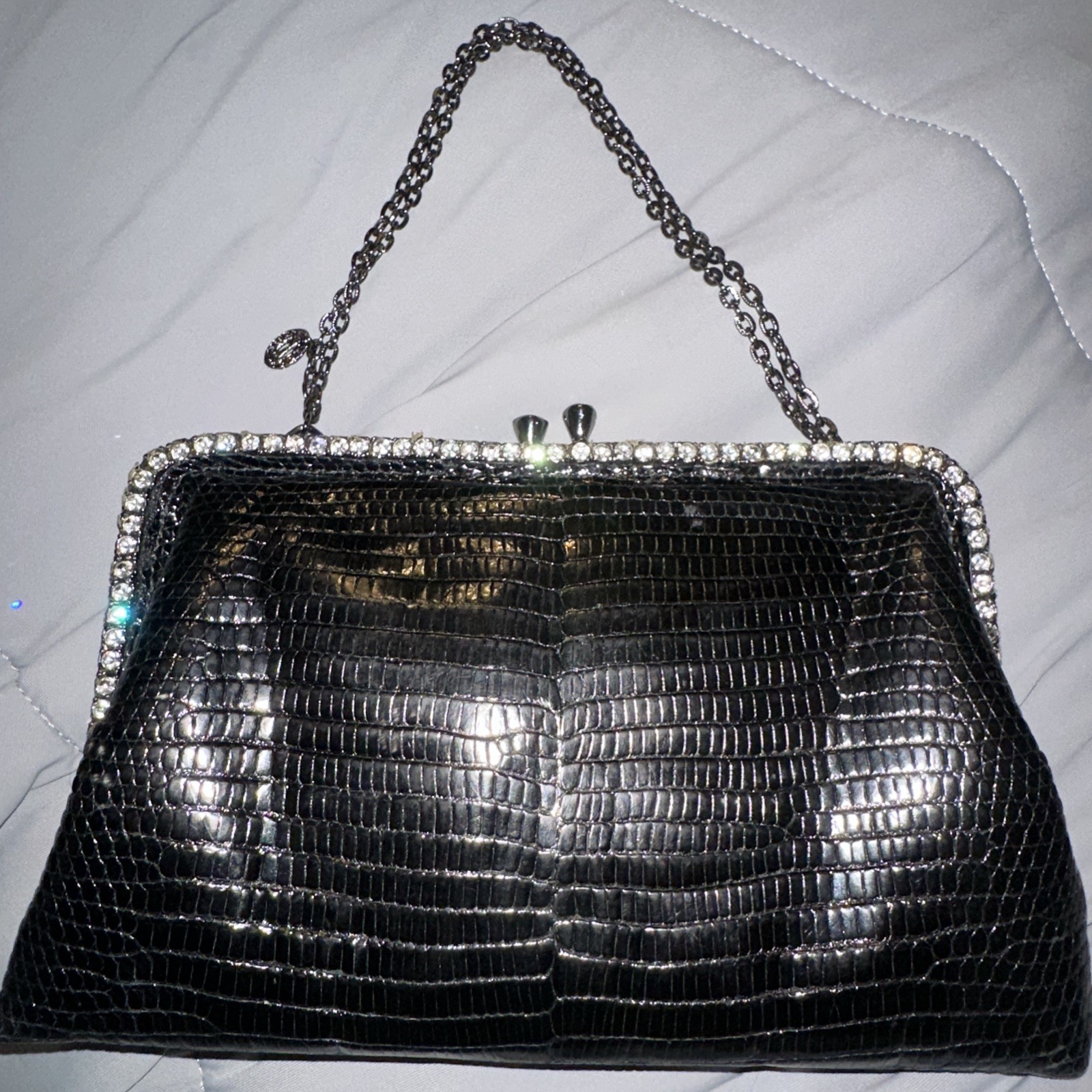 Vintage Clara Kasavina Crystal Embellished Clutch Chain Strap Blk Exotic Leather