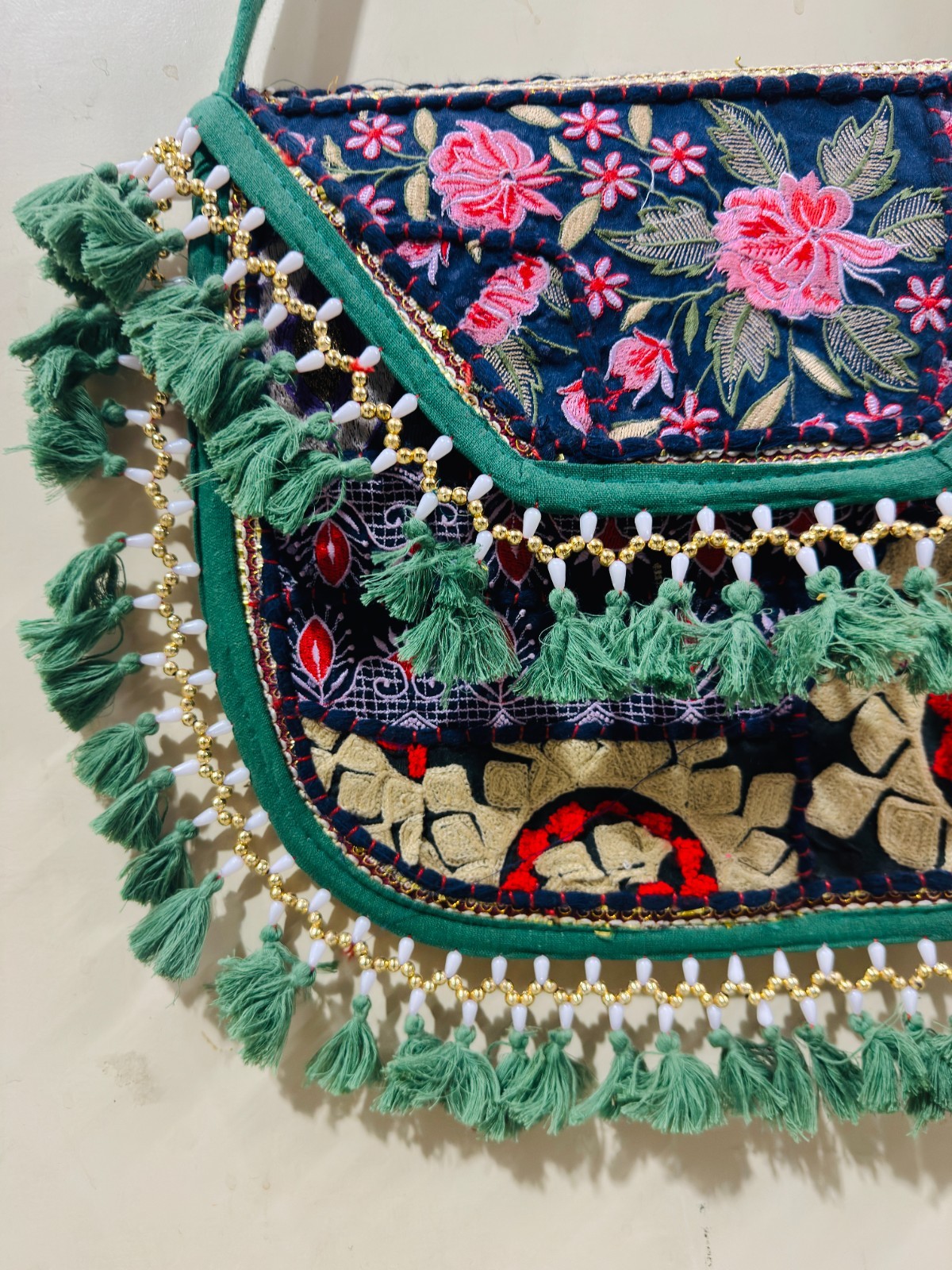 Handmade Banjara Embroidered Crossbody Bag, Boho Tribal Tassel Shoulder Purse, V
