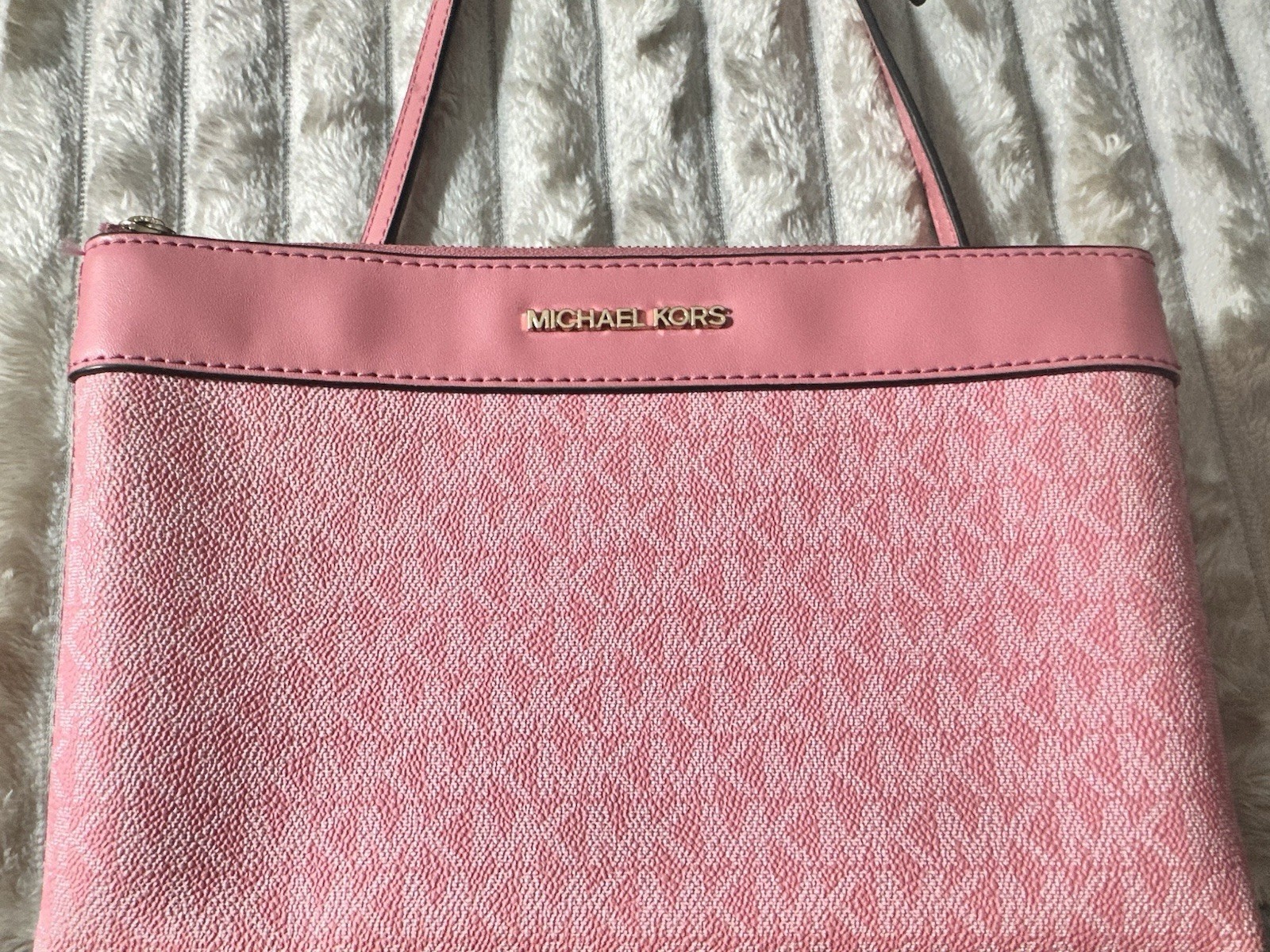 Michael Kors Pink Logo Tote Zip Top Gold Hardware w/ Charm Strap Pouch Wallet