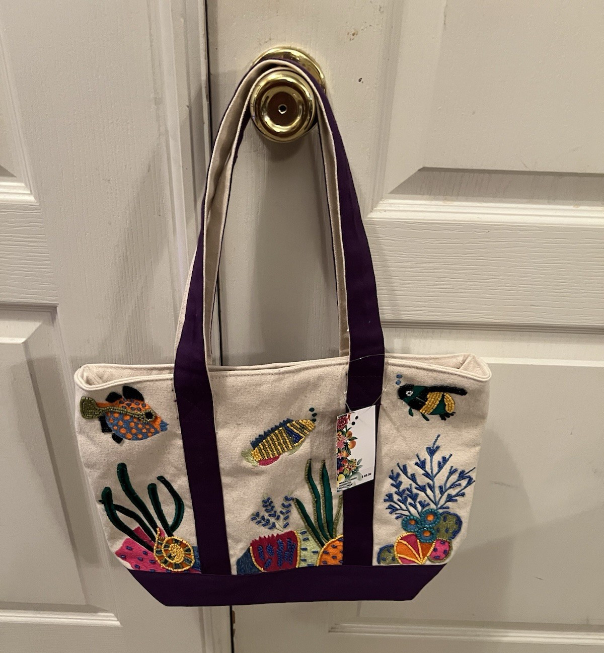 America and beyond Beige Fish Tote Beaded Embroidered Snap Purple Handles Lined