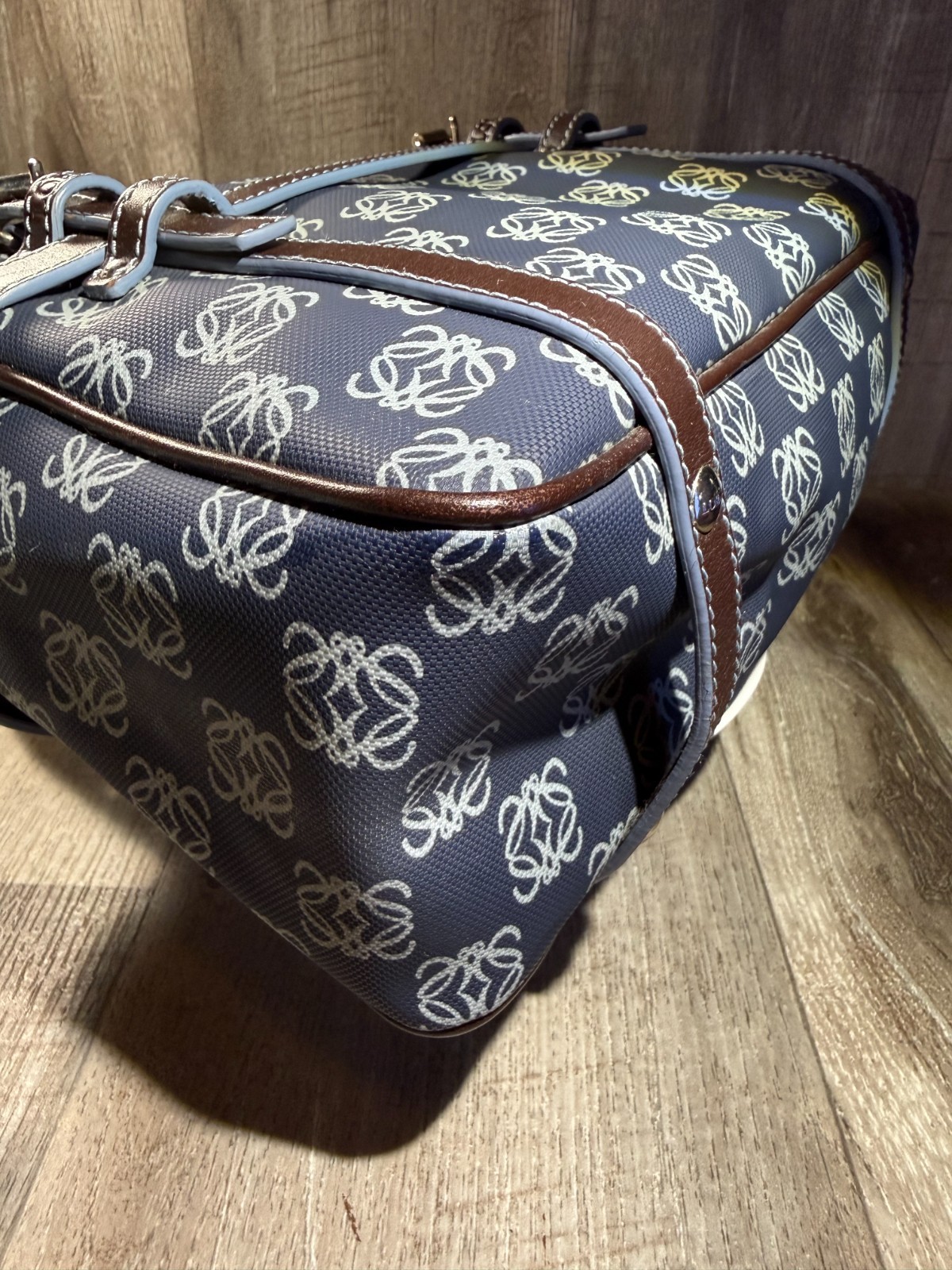 Vintage Authentic Loewe Anagram Boston Bag Blue Canvas with Brown Leather Trim