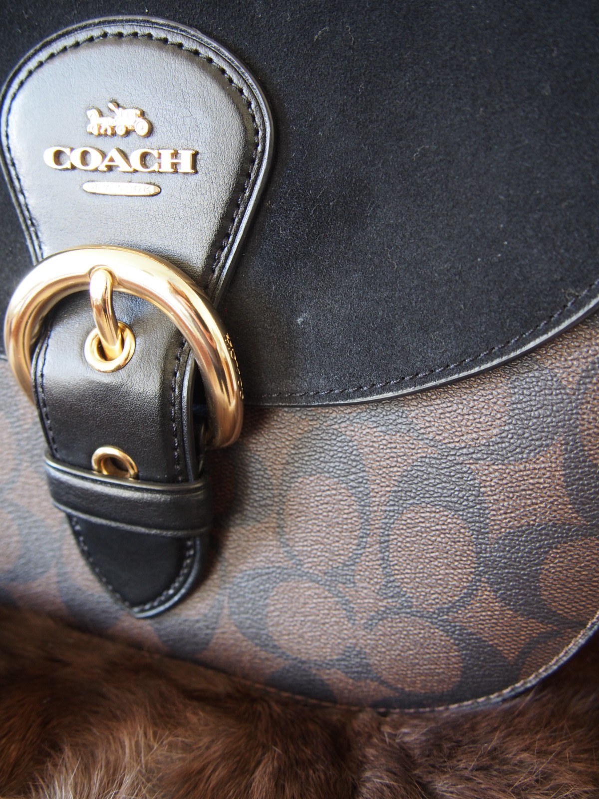 Coach Kleo Shoulder Bag Signature Canvas Brown w/ Black Suede Gold Hardware